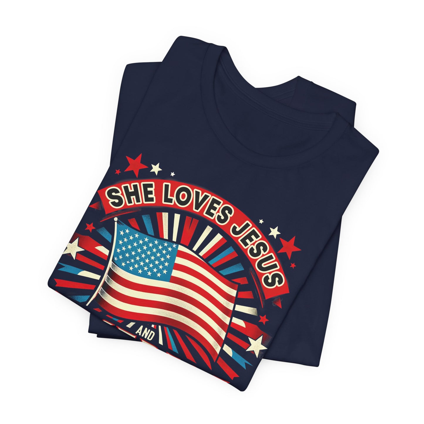 She Loves Jesus and America Too T-Shirt - Unisex Jersey Short Sleeve Tee, Christian Merch, Christian Streetwear, Faith Based Shirt, Jesus Apparel