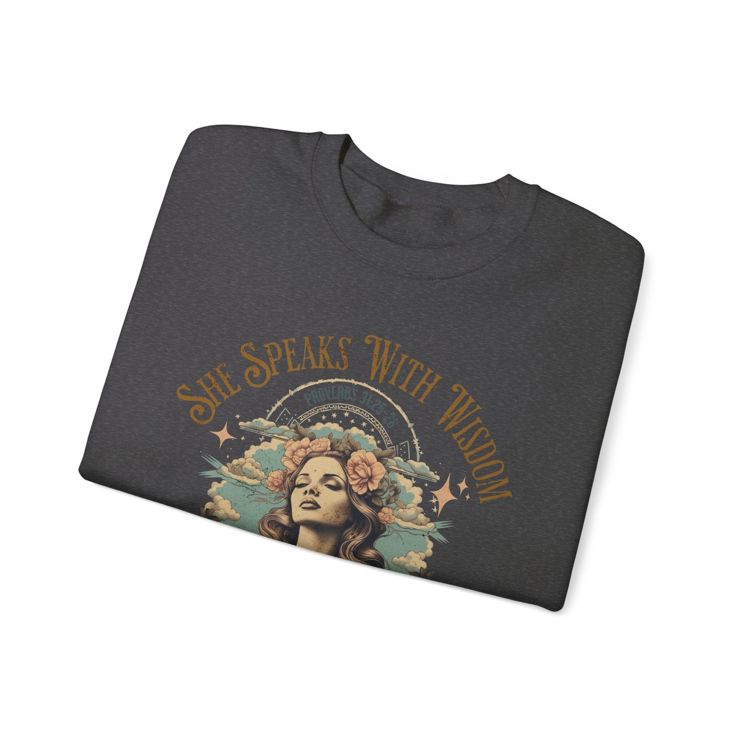 She Speaks with Wisdom Sweatshirt, Unisex Heavy Blend Crewneck, Jesus is the Reason, Jesus is King, Christian Merch, Glory to God