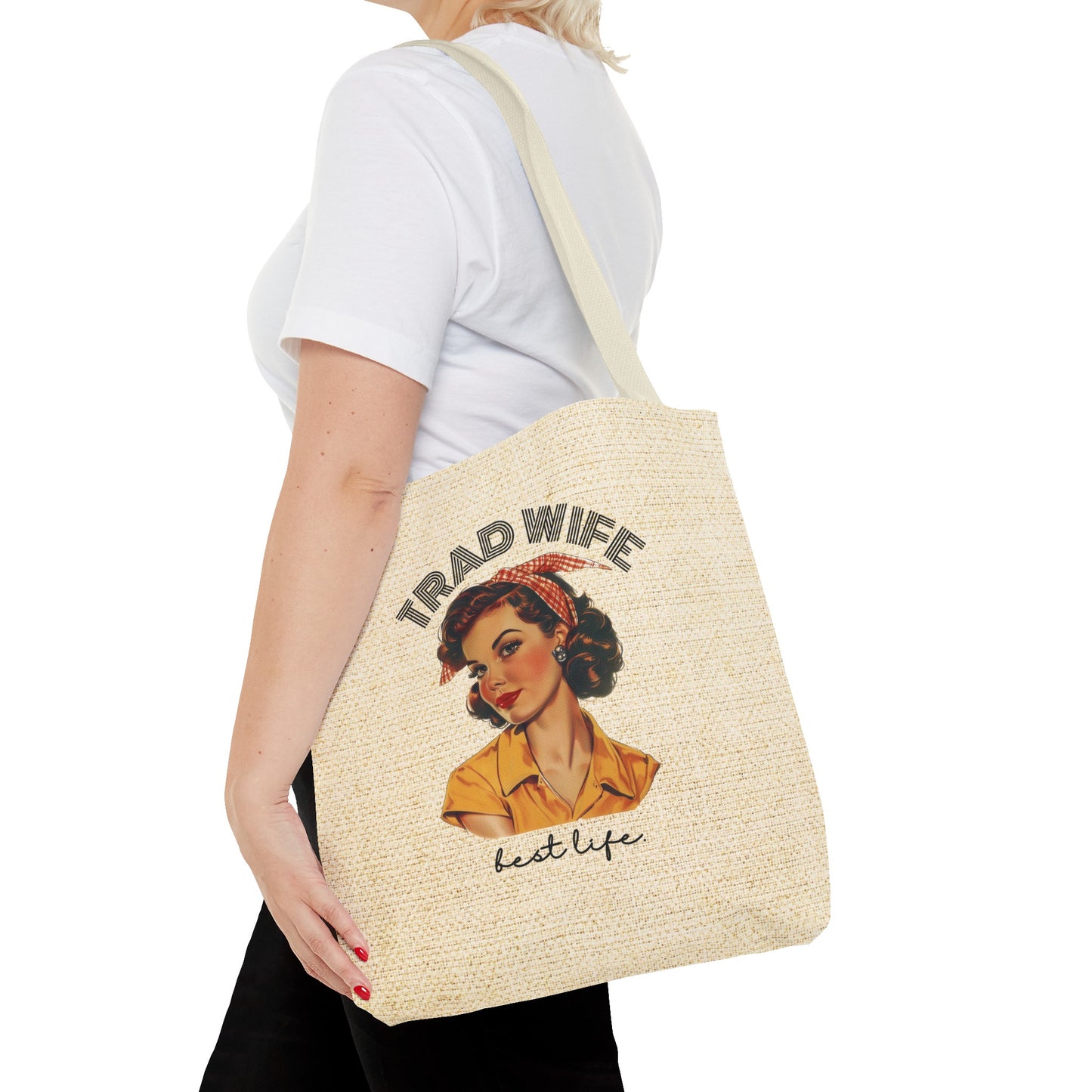 Trad Wife Tote Bag (AOP), Wifey Travel Bag, Wifely Gift, Vintage Housewife Overnight Bag, Trad Wife Accessories, Getaway Bag, Bible Bag, Book Bag, Beach Bag