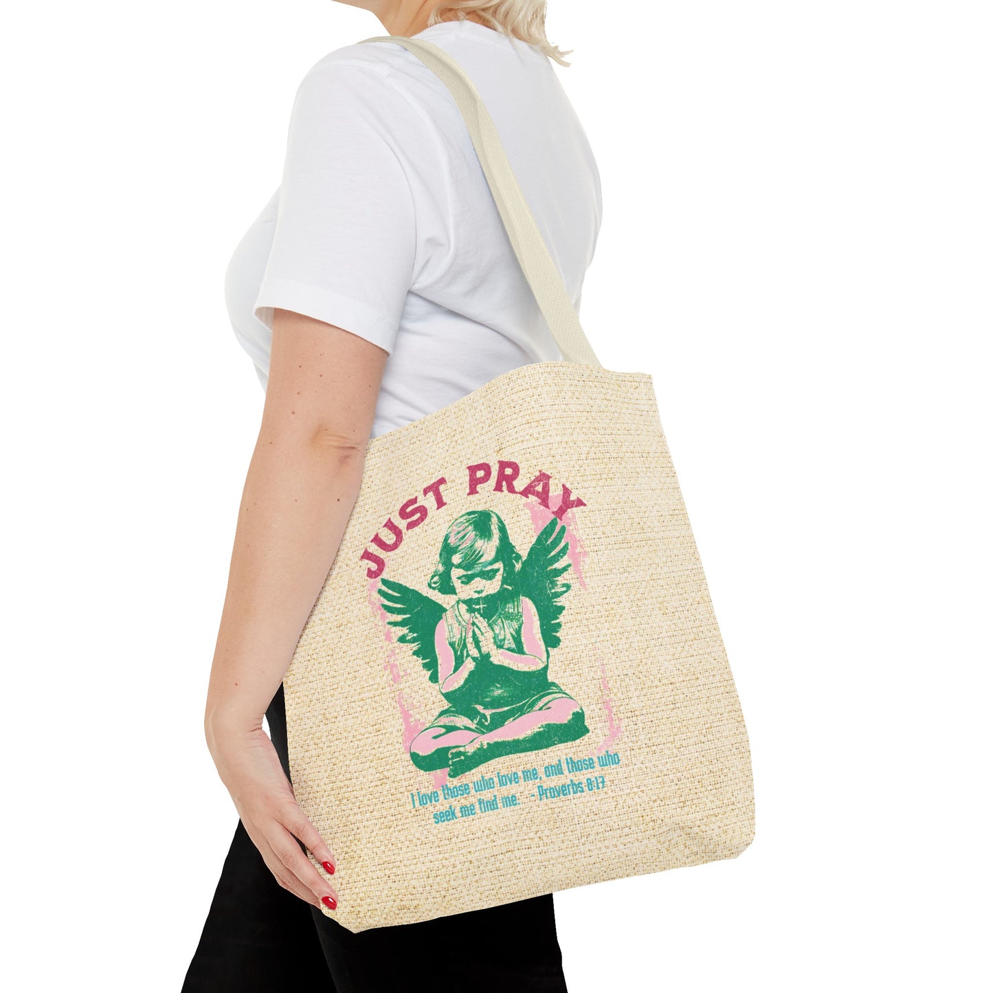 Just Pray Tote Bag, Christian Merch, Gifts of the Holy Spirit, Travel Bag, Bible Bag, Book Bag, Getaway Bag, Secret Santa Gift, Gift for Church People