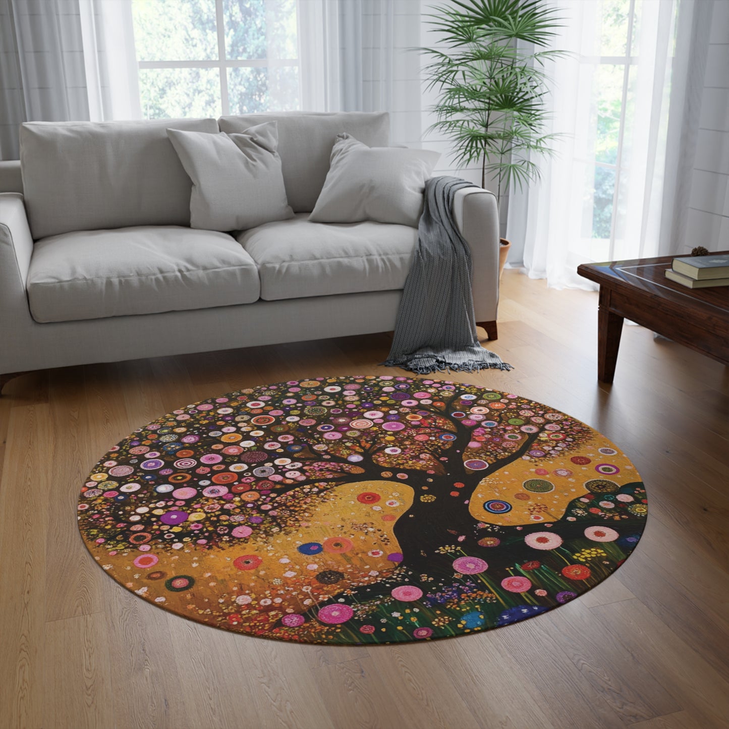 Gustav Klimt Inspired Round Area Rug, Funky, Colorful & Unique Area Rugs, Unique 60" Round Rug, Woodland Forest Rug