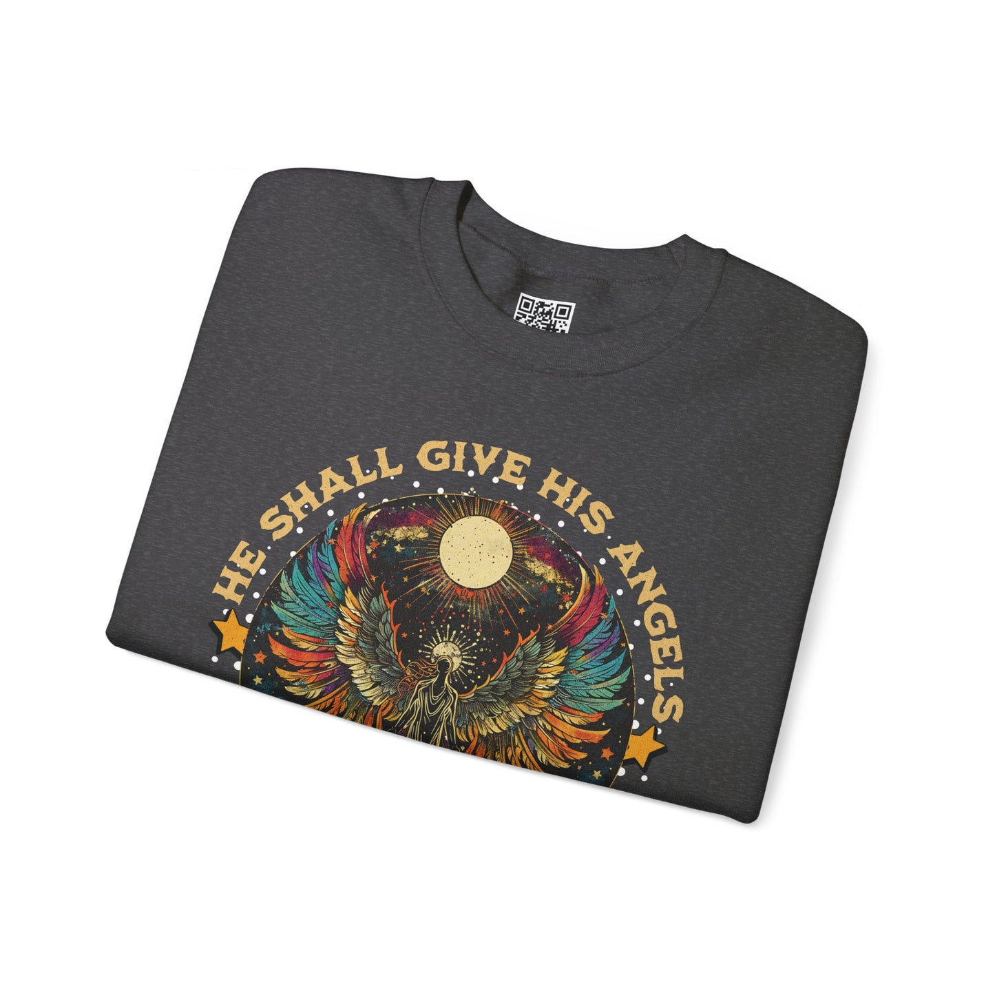 He Shall Give His Angels Charge Over You Unisex Heavy Blend Crewneck Sweatshirt, Christian Merch, Christian Streetwear, Ministry Shirt, Faith Based Shirt, Jesus Apparel