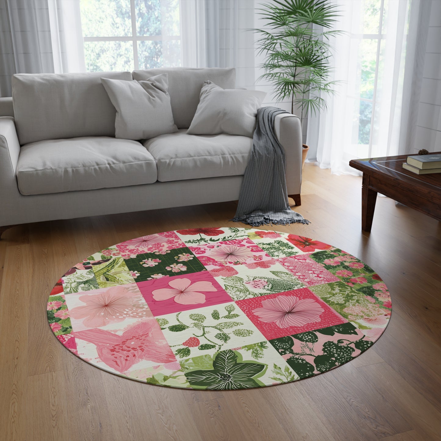 Botanical Patchwork Round Area Rug, Funky, Colorful Cool Unique Area Rugs, Unique 60" Round Rug, Custom Print Available