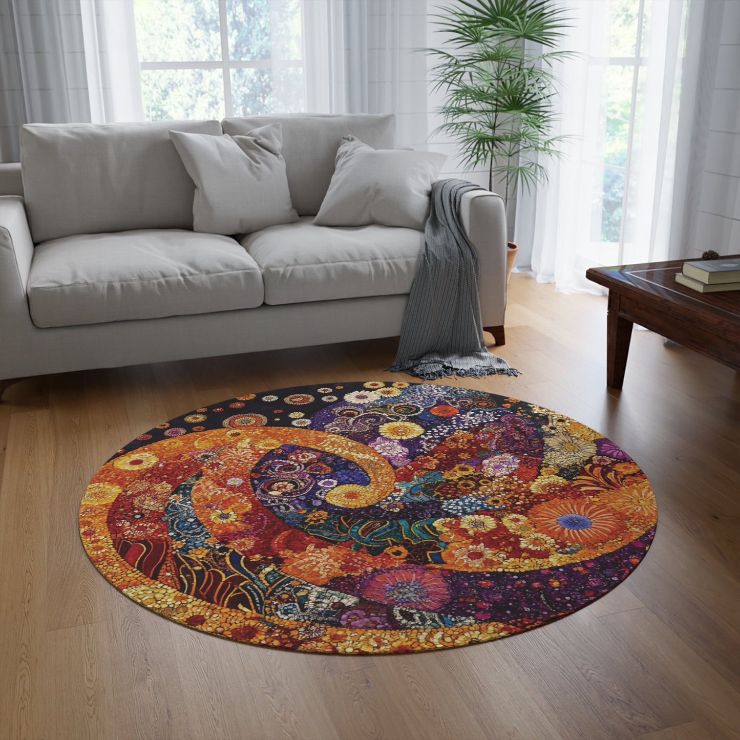 Retro Gustav Klimt Inspired Round Paisley Area Rug, Funky, Colorful & Unique Area Rugs, Unique 60" Round Rug, Woodland Forest Rug