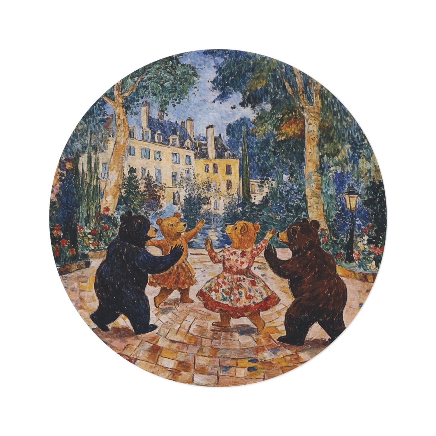 Round Dancing Bears Area Rug, Funky, Colorful & Unique Area Rugs, Unique 60" Round Rug, Woodland Animal Forest Rug, Woodland Nursery Rug