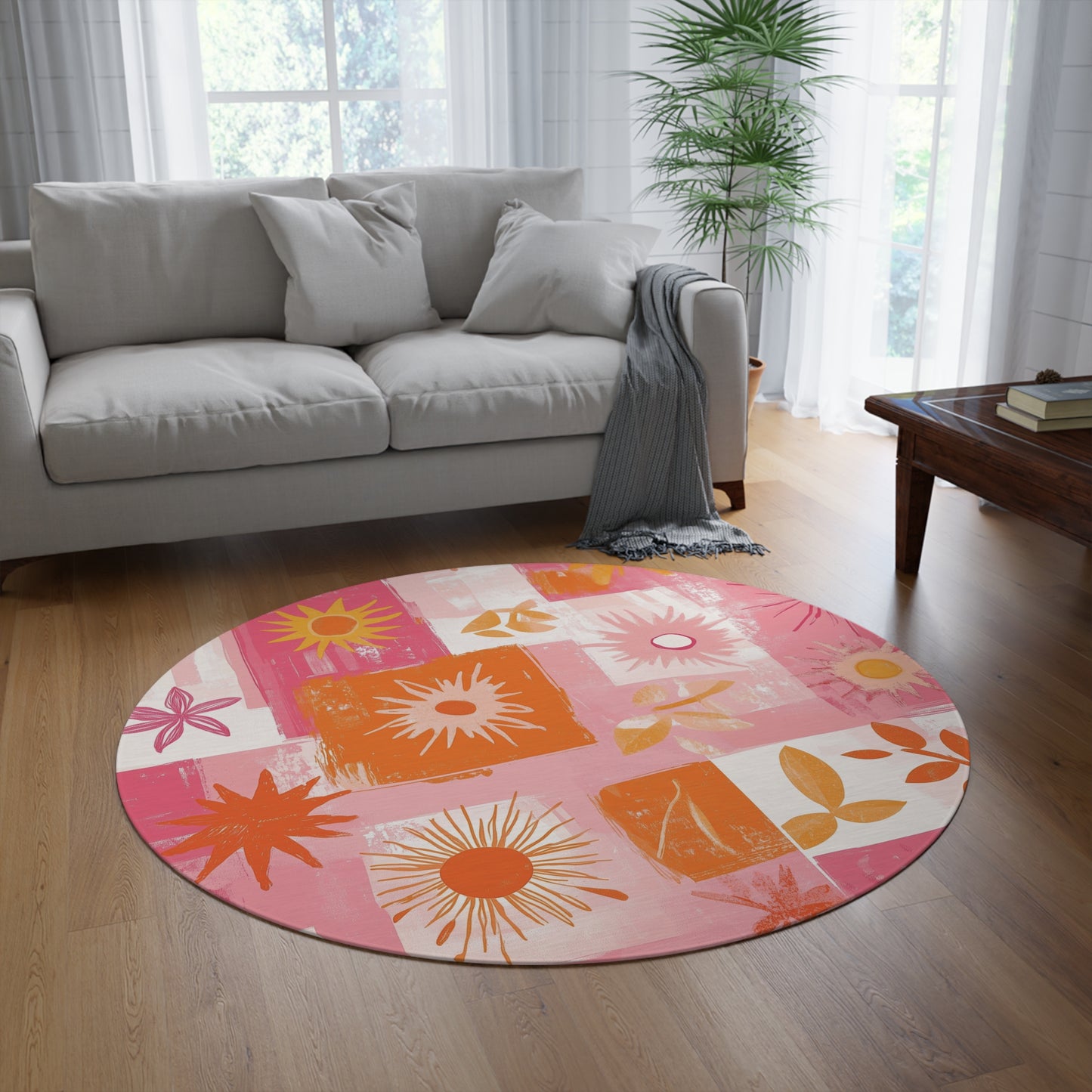 Botanical Patchwork Round Area Rug, Funky, Colorful Cool Unique Area Rugs, Unique 60" Round Rug, Custom Print Available