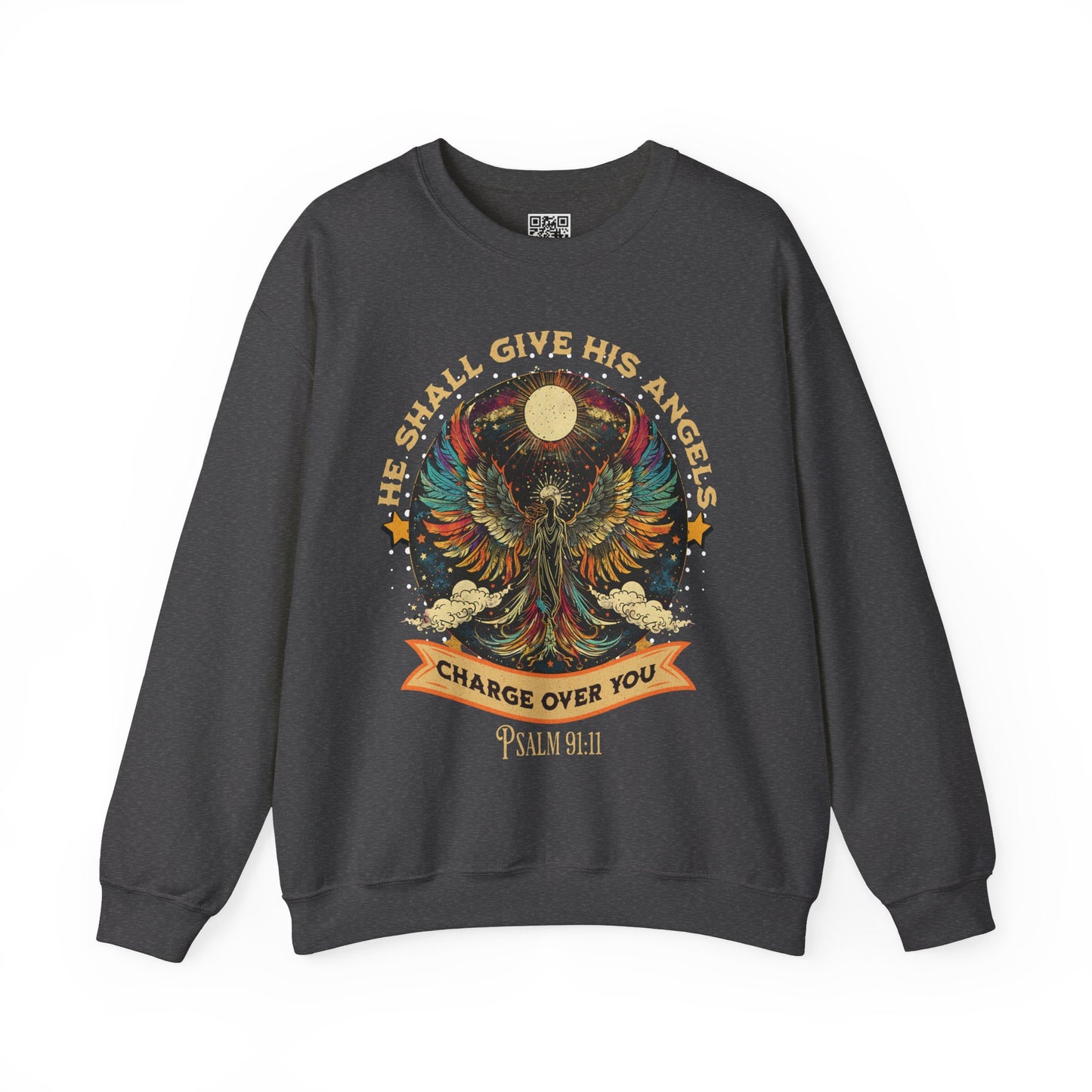 He Shall Give His Angels Charge Over You Unisex Heavy Blend Crewneck Sweatshirt, Christian Merch, Christian Streetwear, Ministry Shirt, Faith Based Shirt, Jesus Apparel