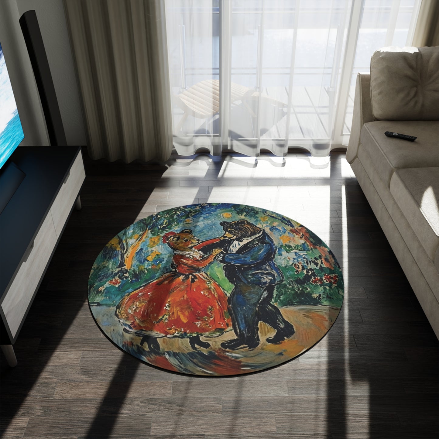 Round Dancing Bears Area Rug, Funky, Colorful & Unique Area Rugs, Unique 60" Round Rug, Woodland Animal Forest Rug, Woodland Nursery Rug