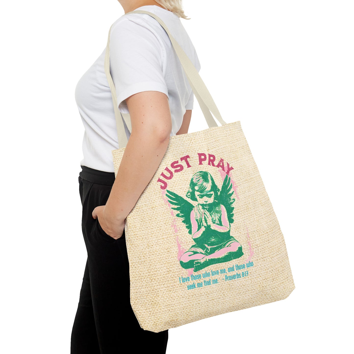 Just Pray Tote Bag, Christian Merch, Gifts of the Holy Spirit, Travel Bag, Bible Bag, Book Bag, Getaway Bag, Secret Santa Gift, Gift for Church People
