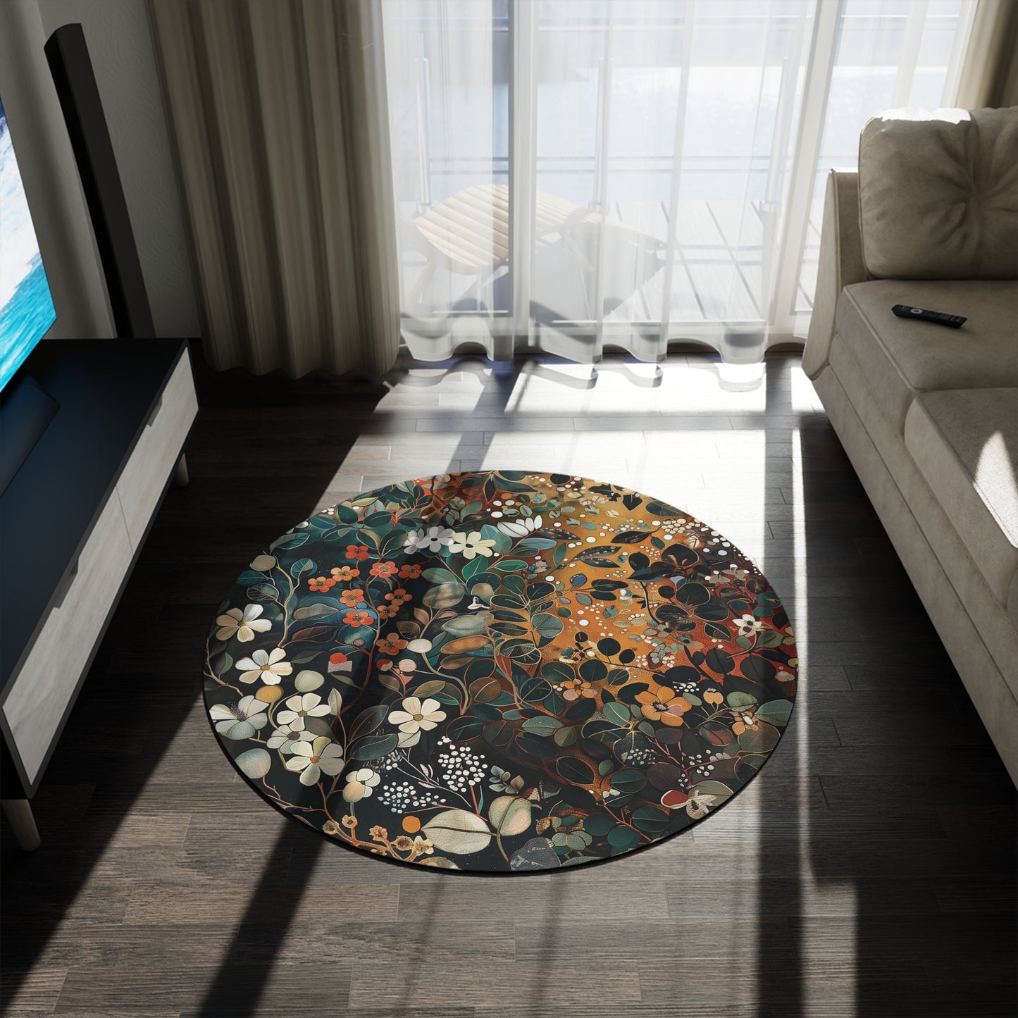 Woodland Floral Botanical Round Area Rug, Funky, Colorful Cool Unique Area Rugs, Unique 60" Round Rug, Custom Print Available
