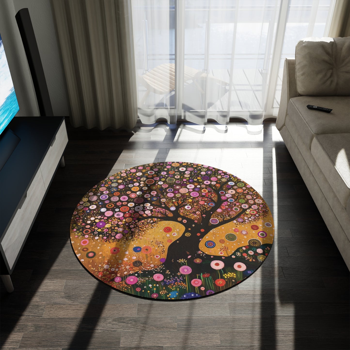 Gustav Klimt Inspired Round Area Rug, Funky, Colorful & Unique Area Rugs, Unique 60" Round Rug, Woodland Forest Rug