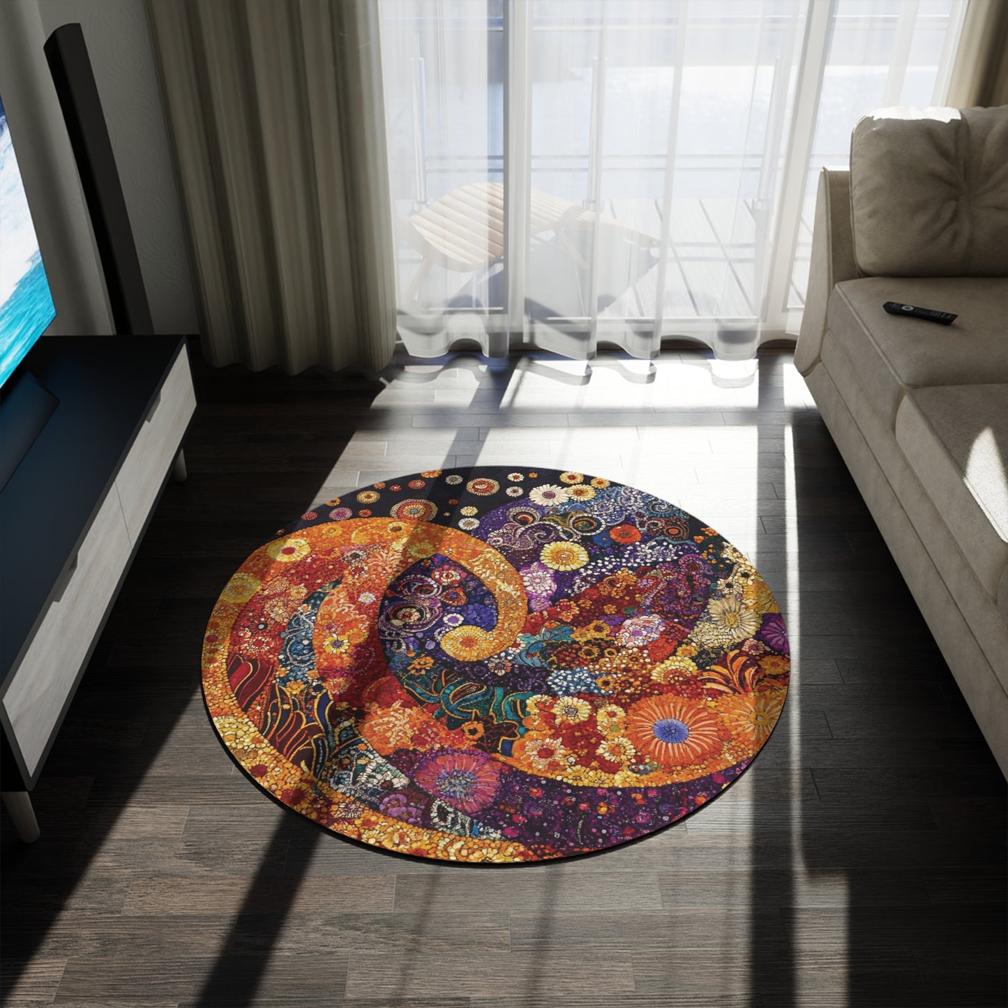 Retro Gustav Klimt Inspired Round Paisley Area Rug, Funky, Colorful & Unique Area Rugs, Unique 60" Round Rug, Woodland Forest Rug