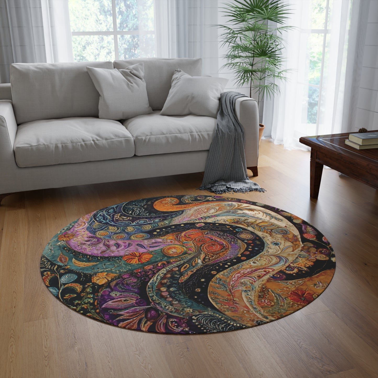 Retro Gustav Klimt Inspired Round Paisley Area Rug, Funky, Colorful & Unique Area Rugs, Unique 60" Round Rug, Woodland Forest Rug