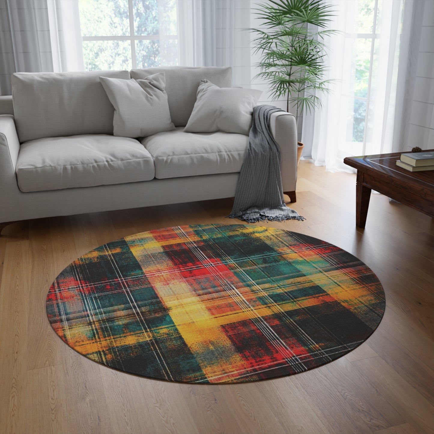 Checkered Plaid Round Area Rug, Funky, Colorful Cool Unique Area Rugs, Unique 60" Round Rug, Custom Print Available