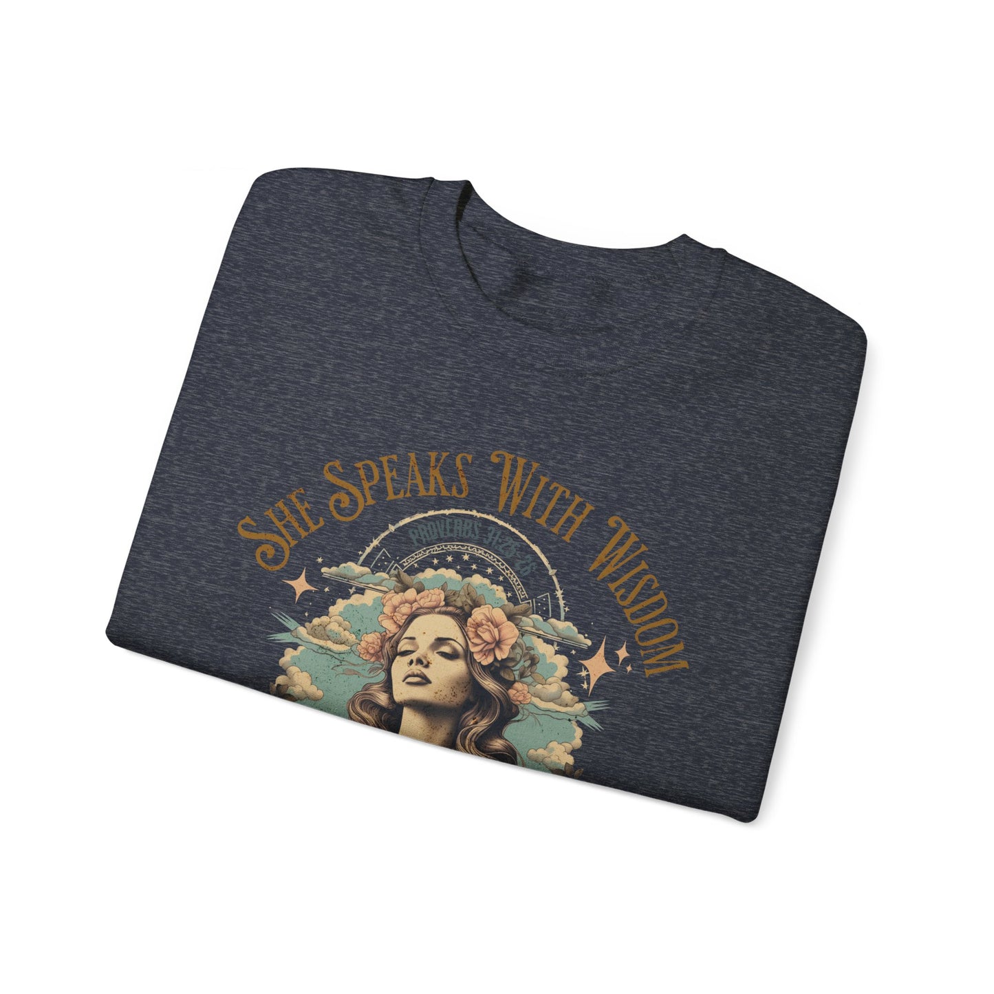 She Speaks with Wisdom Sweatshirt, Unisex Heavy Blend Crewneck, Jesus is the Reason, Jesus is King, Christian Merch, Glory to God