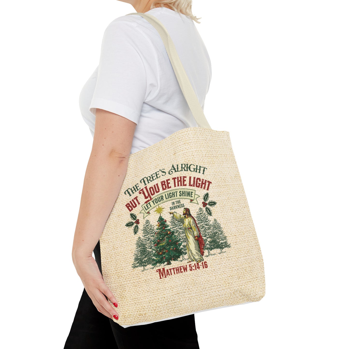 Be the Light Christmas Tote Bag, Travel Bag, Bible Bag, Gift for Church Member, Book Bag, Getaway Bag, Vacation Bible School, Church Camp Bag