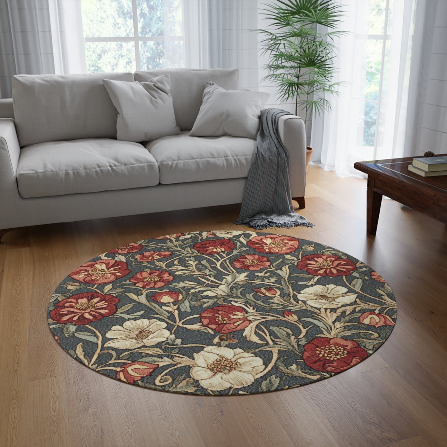 William Morris Inspired Round Area Rug, Traditional, Colorful Cool Unique Area Rugs, Unique 60" Round Rug, Custom Print Available