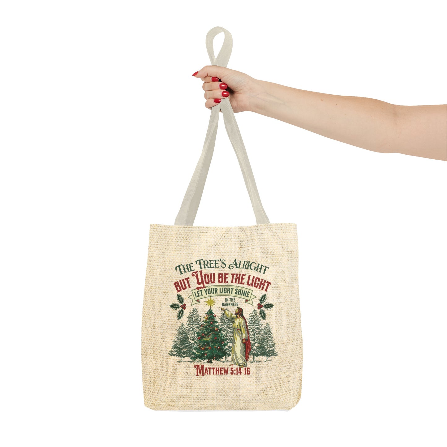Be the Light Christmas Tote Bag, Travel Bag, Bible Bag, Gift for Church Member, Book Bag, Getaway Bag, Vacation Bible School, Church Camp Bag