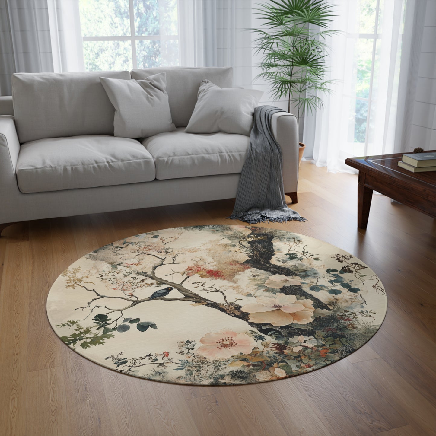 Woodland Floral Botanical Round Area Rug, Funky, Colorful Cool Unique Area Rugs, Unique 60" Round Rug, Custom Print Available