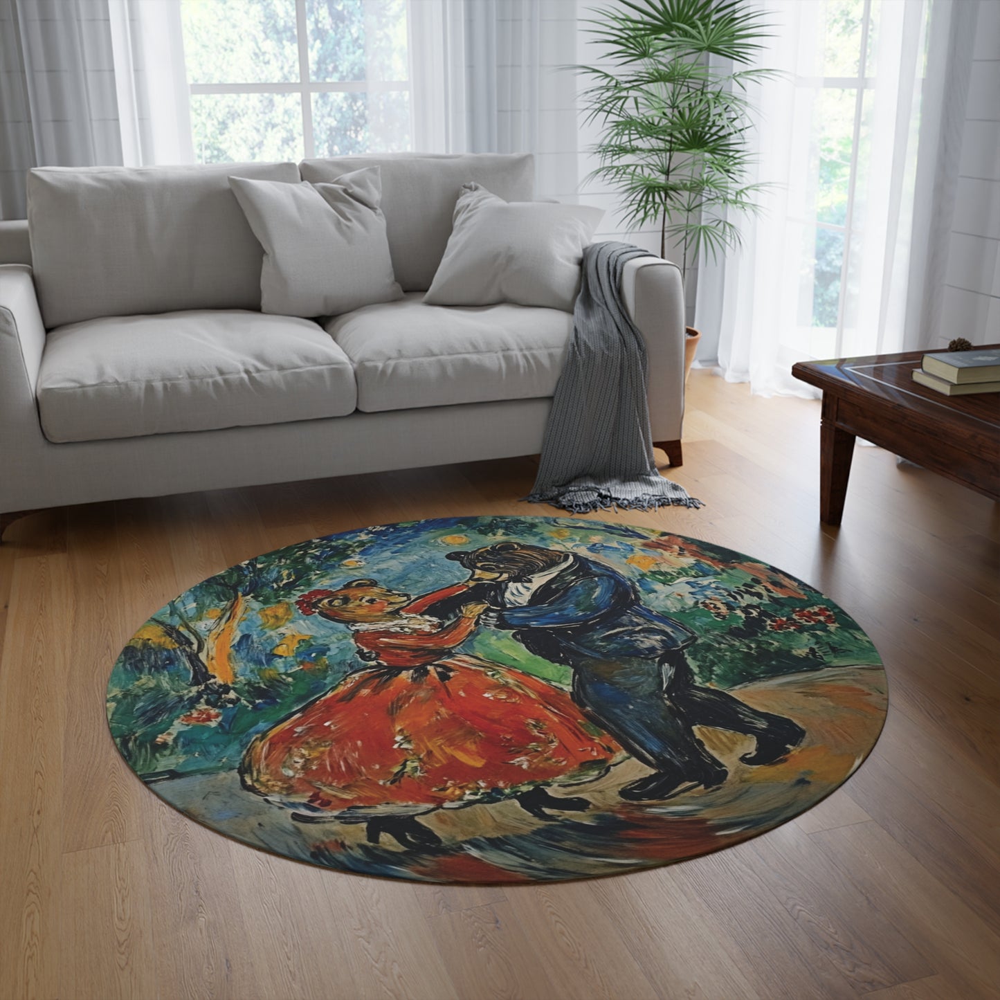 Round Dancing Bears Area Rug, Funky, Colorful & Unique Area Rugs, Unique 60" Round Rug, Woodland Animal Forest Rug, Woodland Nursery Rug