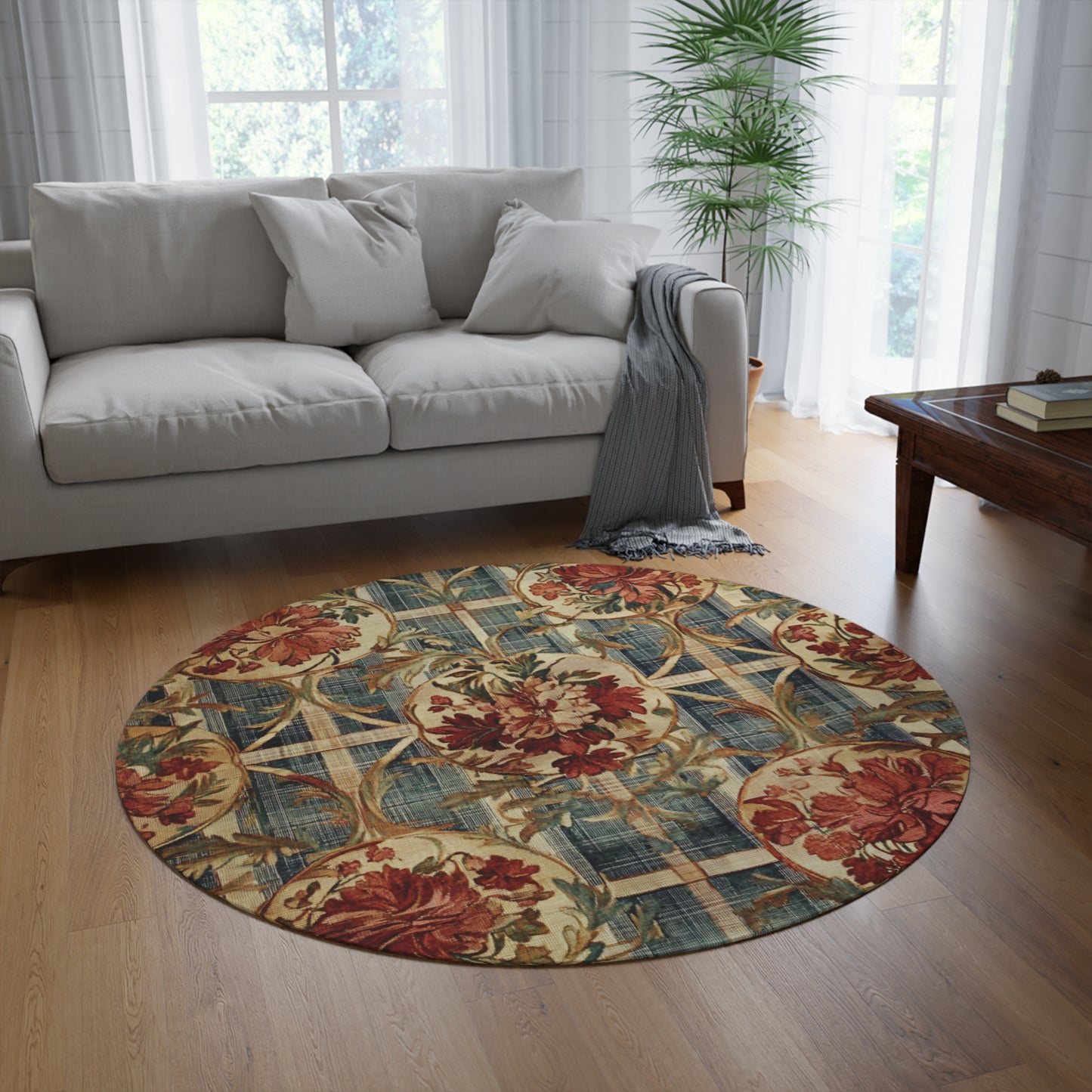 William Morris Inspired Round Area Rug, Traditional, Colorful Cool Unique Area Rugs, Unique 60" Round Rug, Custom Print Available