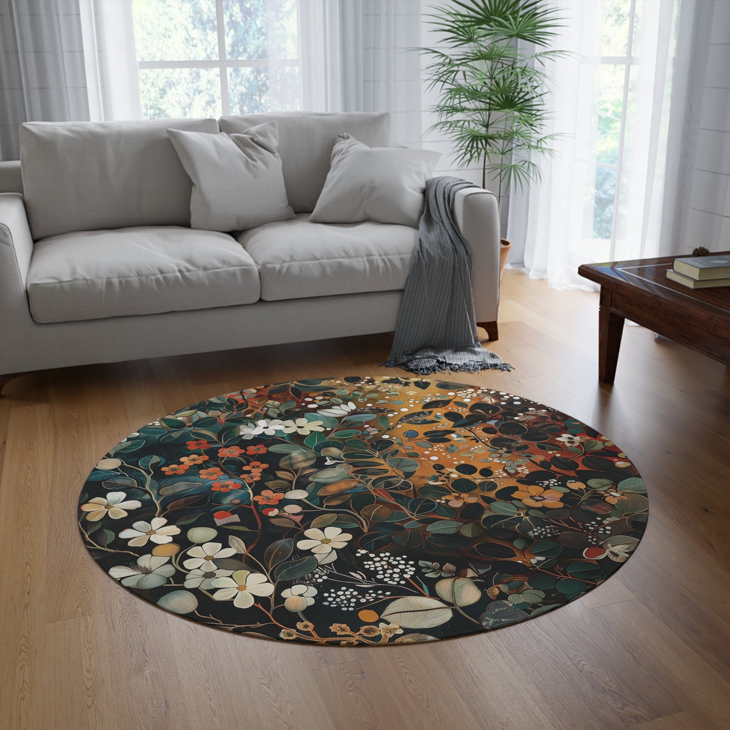 Woodland Floral Botanical Round Area Rug, Funky, Colorful Cool Unique Area Rugs, Unique 60" Round Rug, Custom Print Available