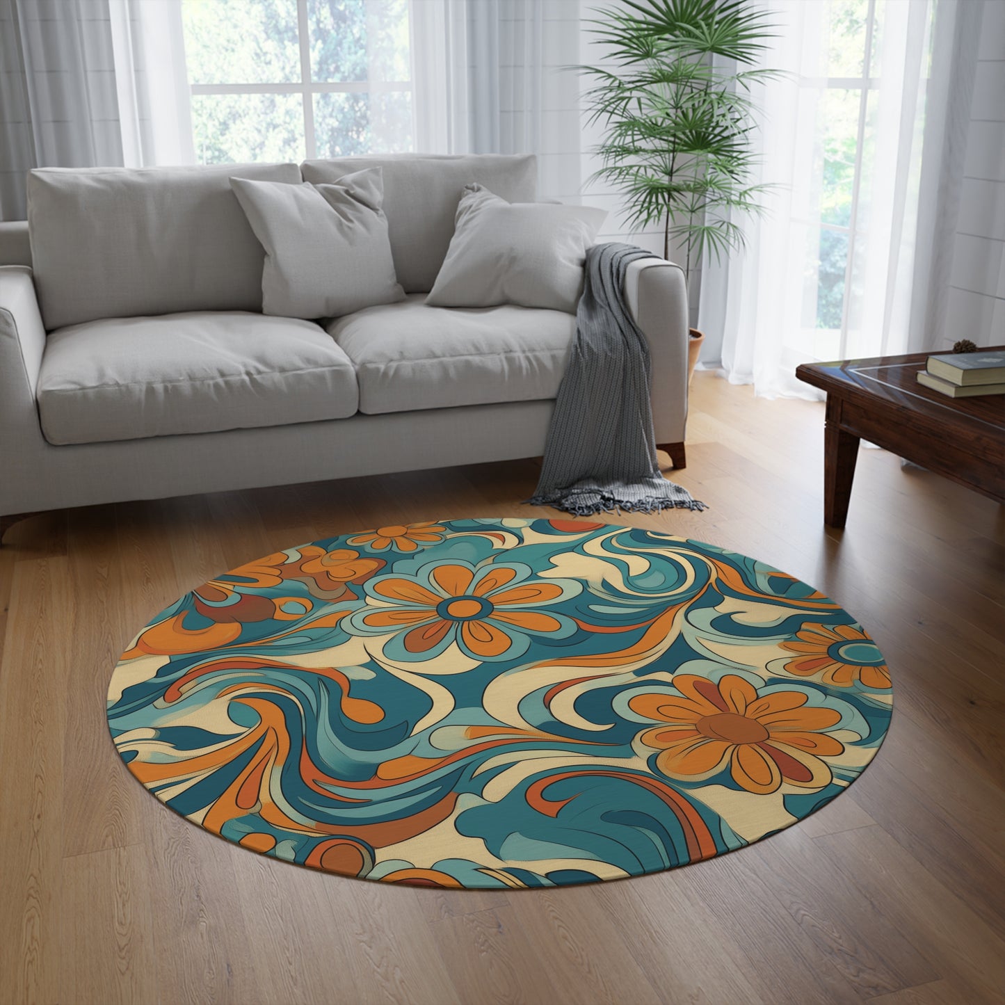 Retro Floral Botanical Round Area Rug, Funky, Colorful Cool Unique Area Rugs, Unique 60" Round Rug, Custom Print Available