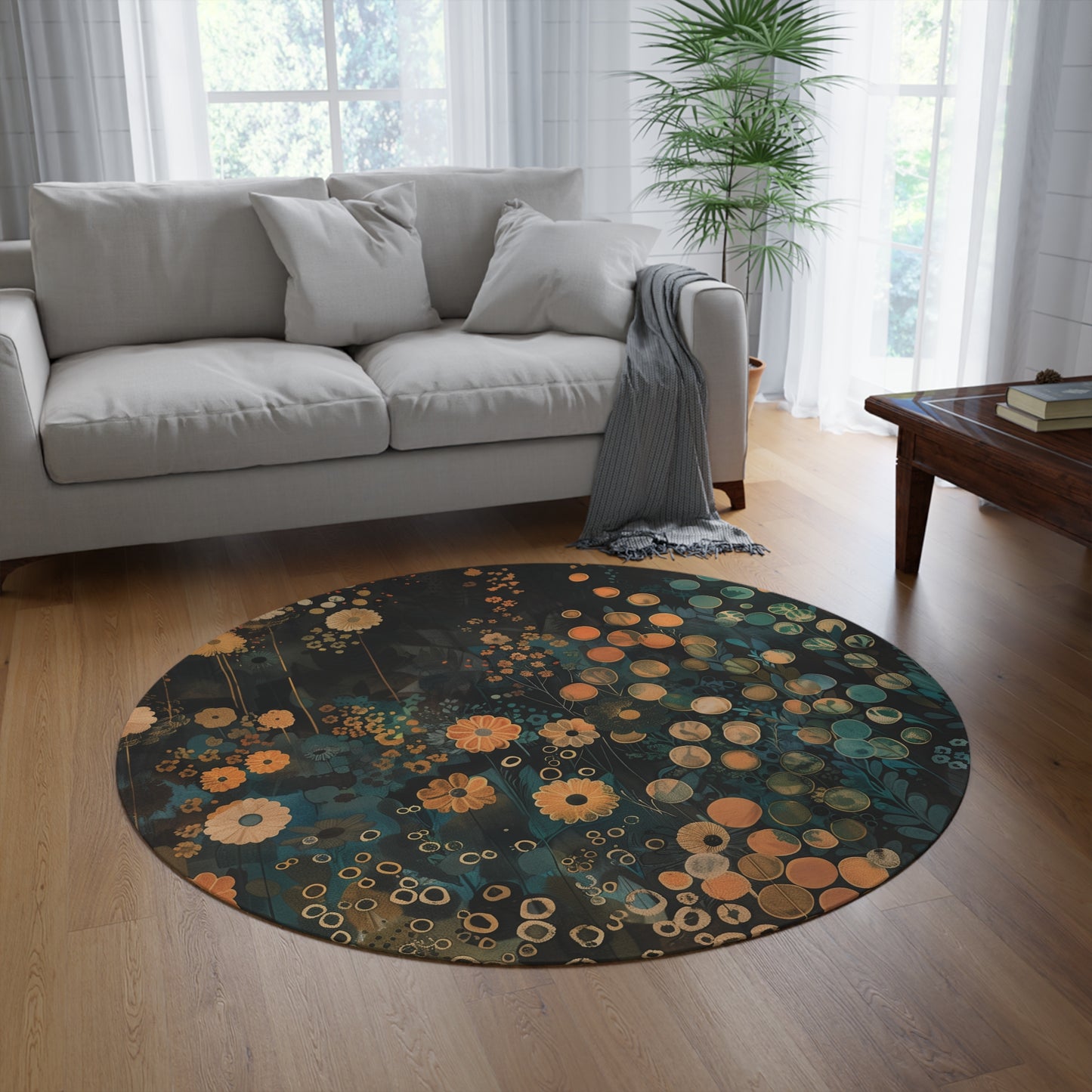 Woodland Floral Botanical Round Area Rug, Funky, Colorful Cool Unique Area Rugs, Unique 60" Round Rug, Custom Print Available