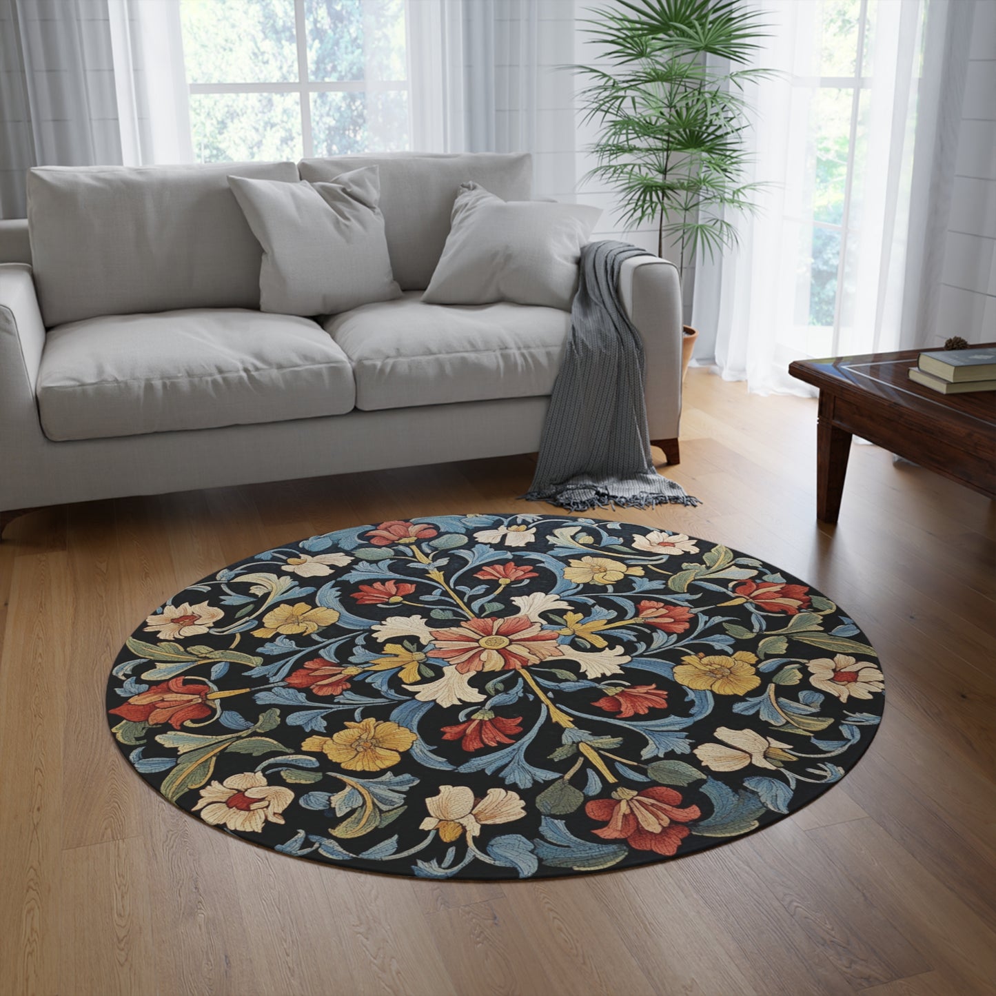 William Morris Inspired Round Area Rug, Traditional, Colorful Cool Unique Area Rugs, Unique 60" Round Rug, Custom Print Available