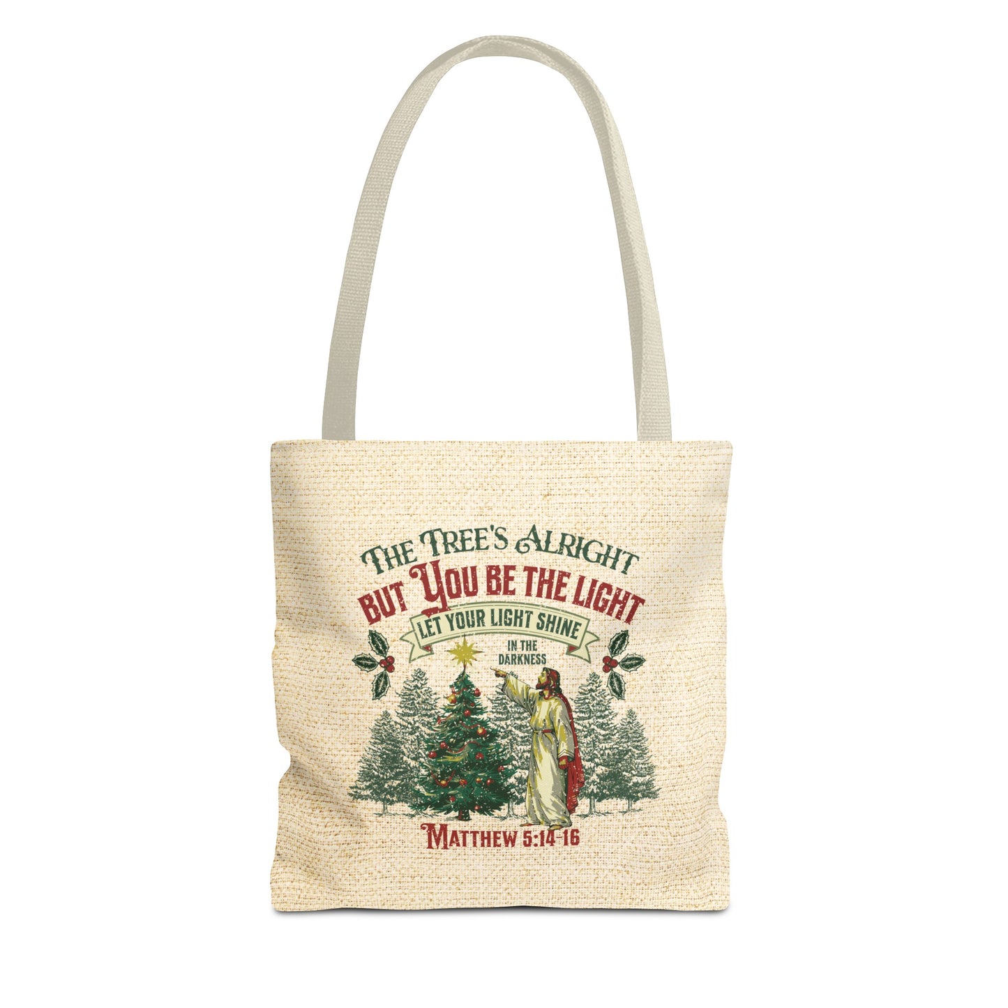 Be the Light Christmas Tote Bag, Travel Bag, Bible Bag, Gift for Church Member, Book Bag, Getaway Bag, Vacation Bible School, Church Camp Bag