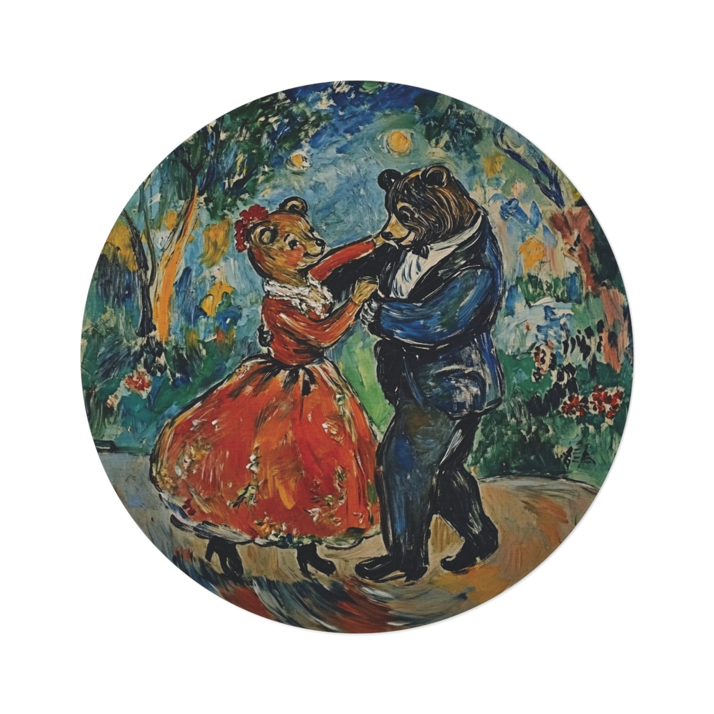 Round Dancing Bears Area Rug, Funky, Colorful & Unique Area Rugs, Unique 60" Round Rug, Woodland Animal Forest Rug, Woodland Nursery Rug