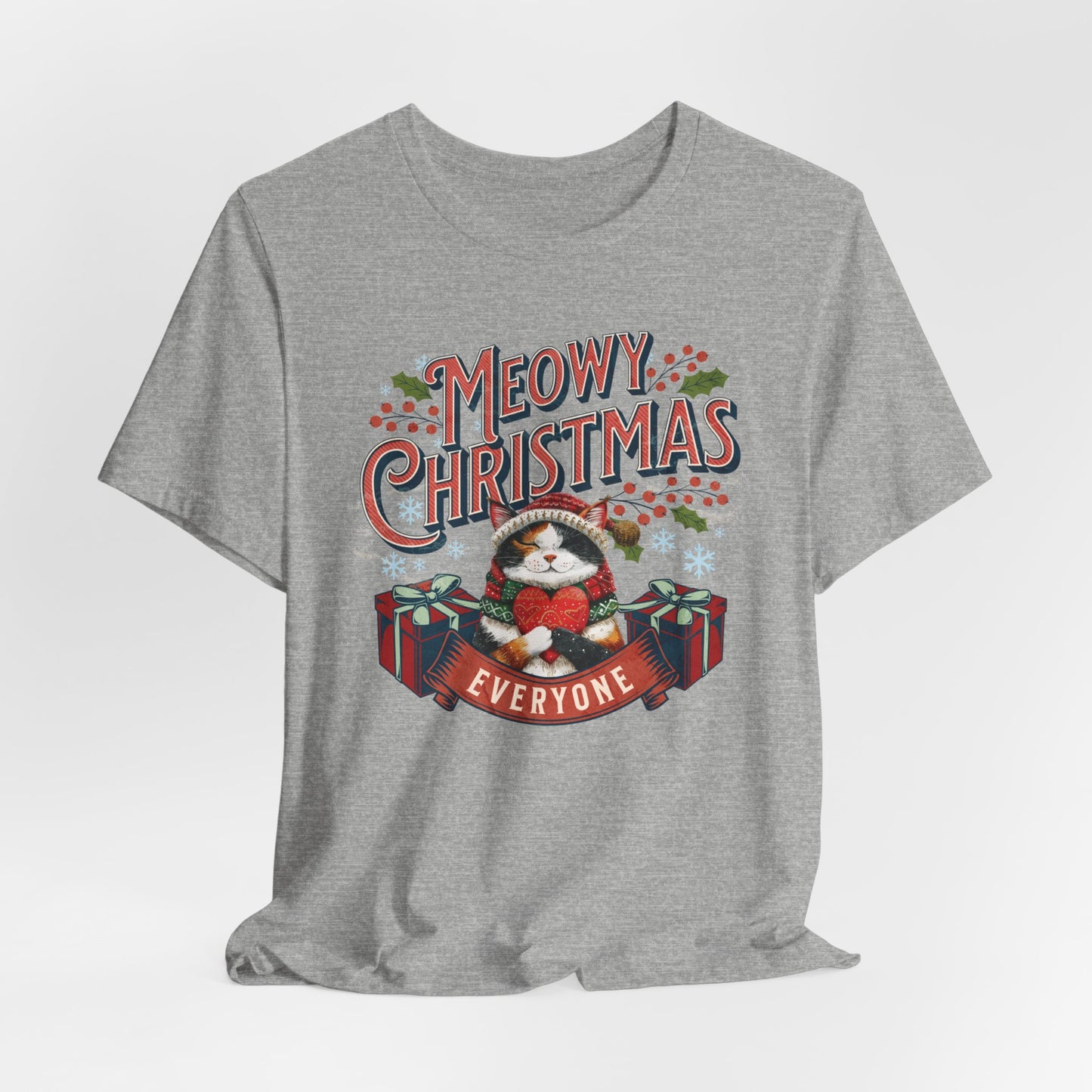 Meowy Christmas Cat Unisex Jersey Short Sleeve Tee, Cat Themed Gifts, Funny Cat Shirt, Calico Cat T-Shirt, Cat Mom Tee, Calico Cat Gifts