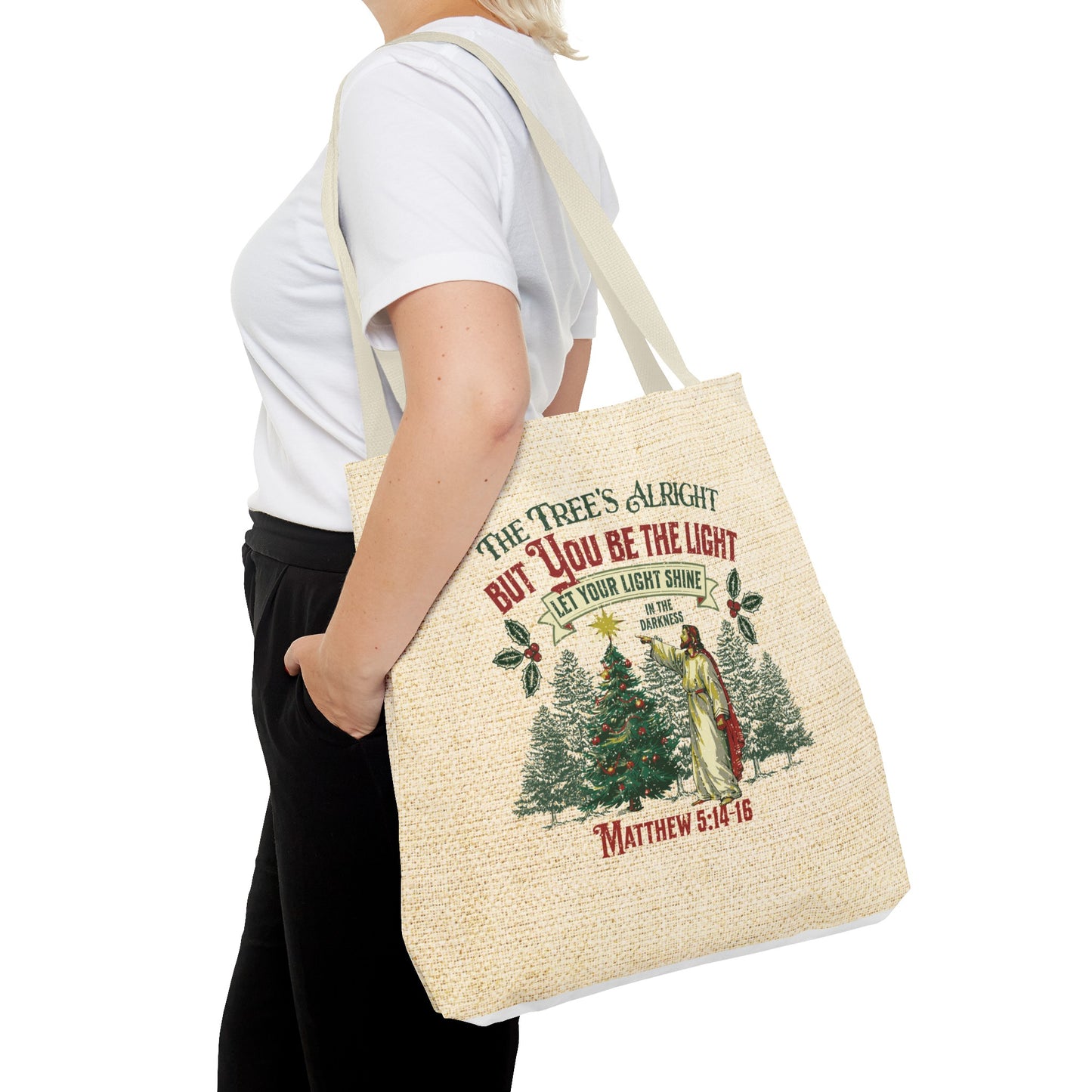 Be the Light Christmas Tote Bag, Travel Bag, Bible Bag, Gift for Church Member, Book Bag, Getaway Bag, Vacation Bible School, Church Camp Bag