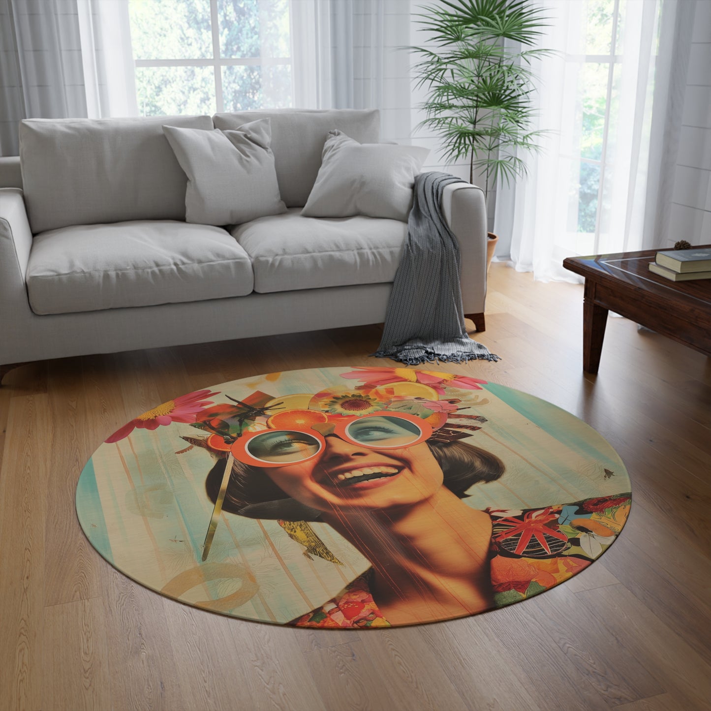Funky Collage Art Round Area Rug, Funky, Colorful Cool Unique Area Rugs, Unique 60" Round Rug, Custom Print Available