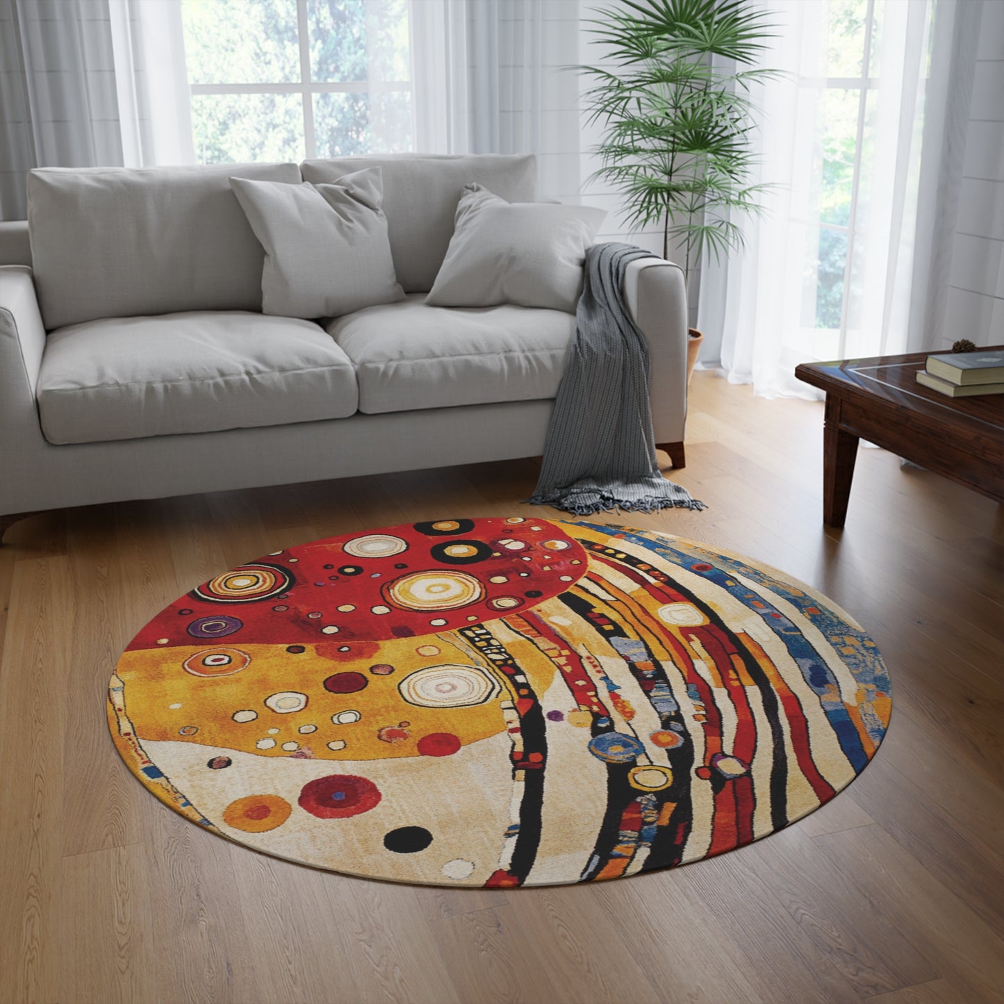 Gustav Klimt Inspired Round Area Rug, Funky, Colorful & Unique Area Rugs, Unique 60" Round Rug, Woodland Forest Rug