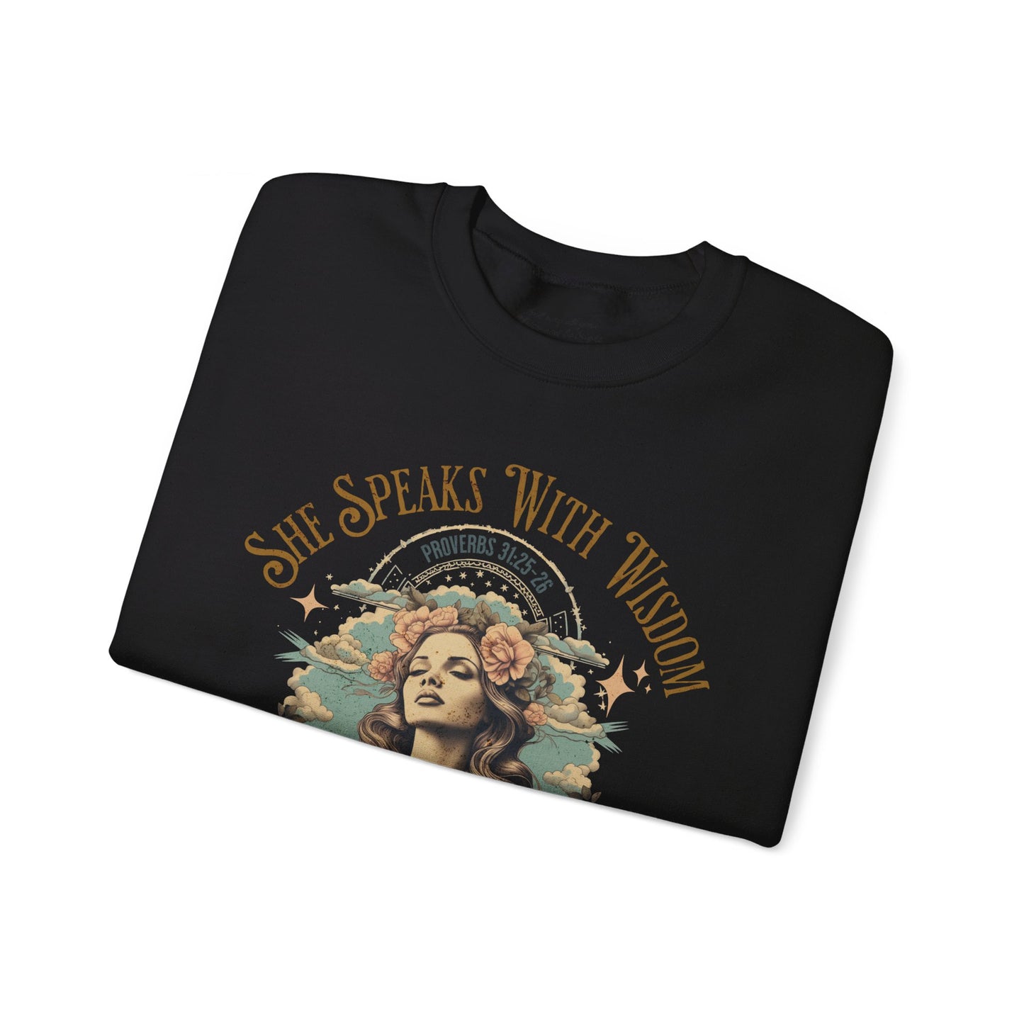 She Speaks with Wisdom Sweatshirt, Unisex Heavy Blend Crewneck, Jesus is the Reason, Jesus is King, Christian Merch, Glory to God