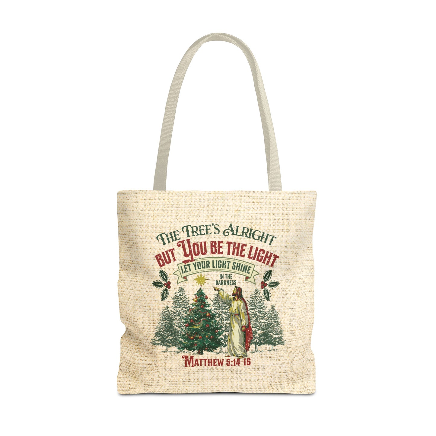Be the Light Christmas Tote Bag, Travel Bag, Bible Bag, Gift for Church Member, Book Bag, Getaway Bag, Vacation Bible School, Church Camp Bag
