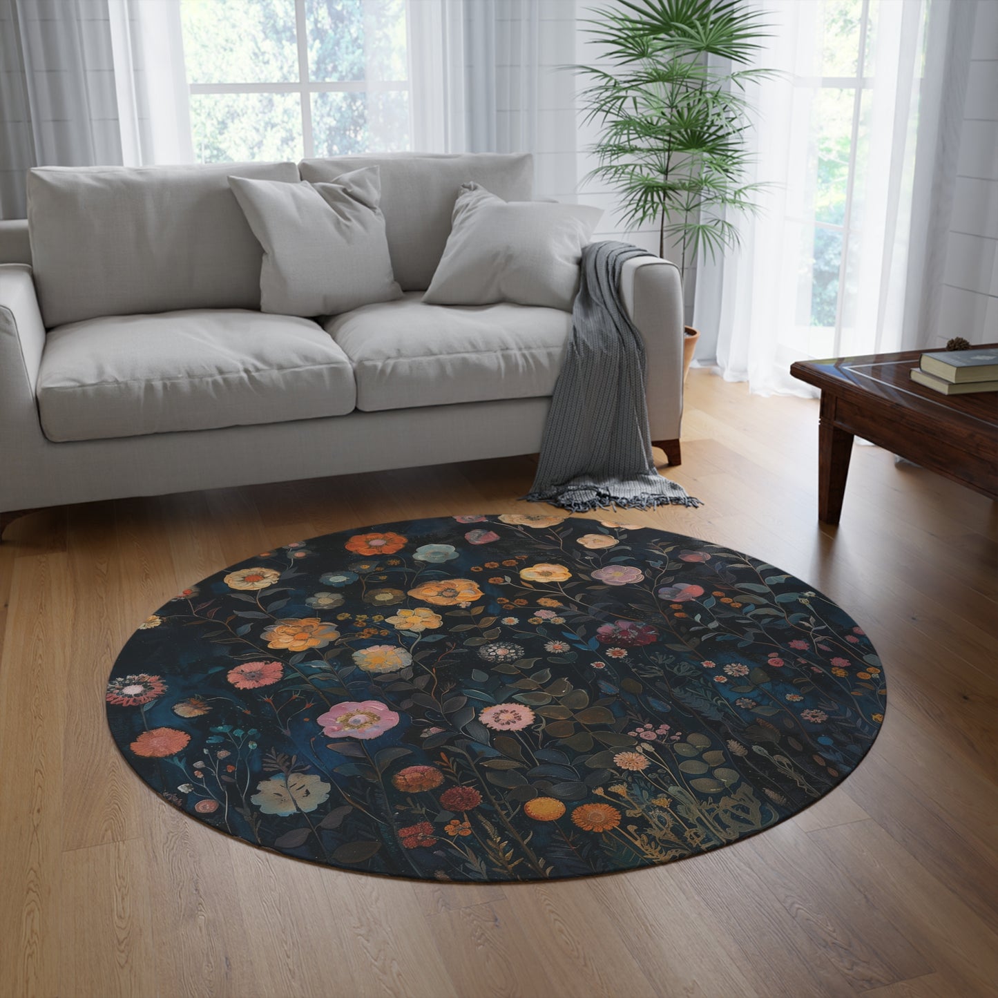 Woodland Floral Botanical Round Area Rug, Funky, Colorful Cool Unique Area Rugs, Unique 60" Round Rug, Custom Print Available