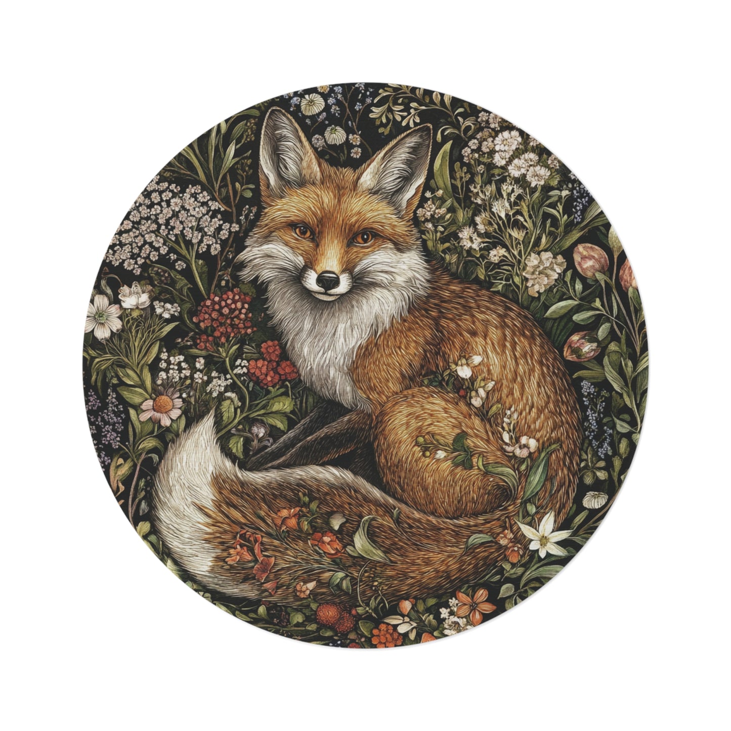 William Morris Inspired Round Fox Area Rug, Funky, Colorful & Unique Area Rugs, Unique 60" Round Rug, Woodland Animal Forest Rug