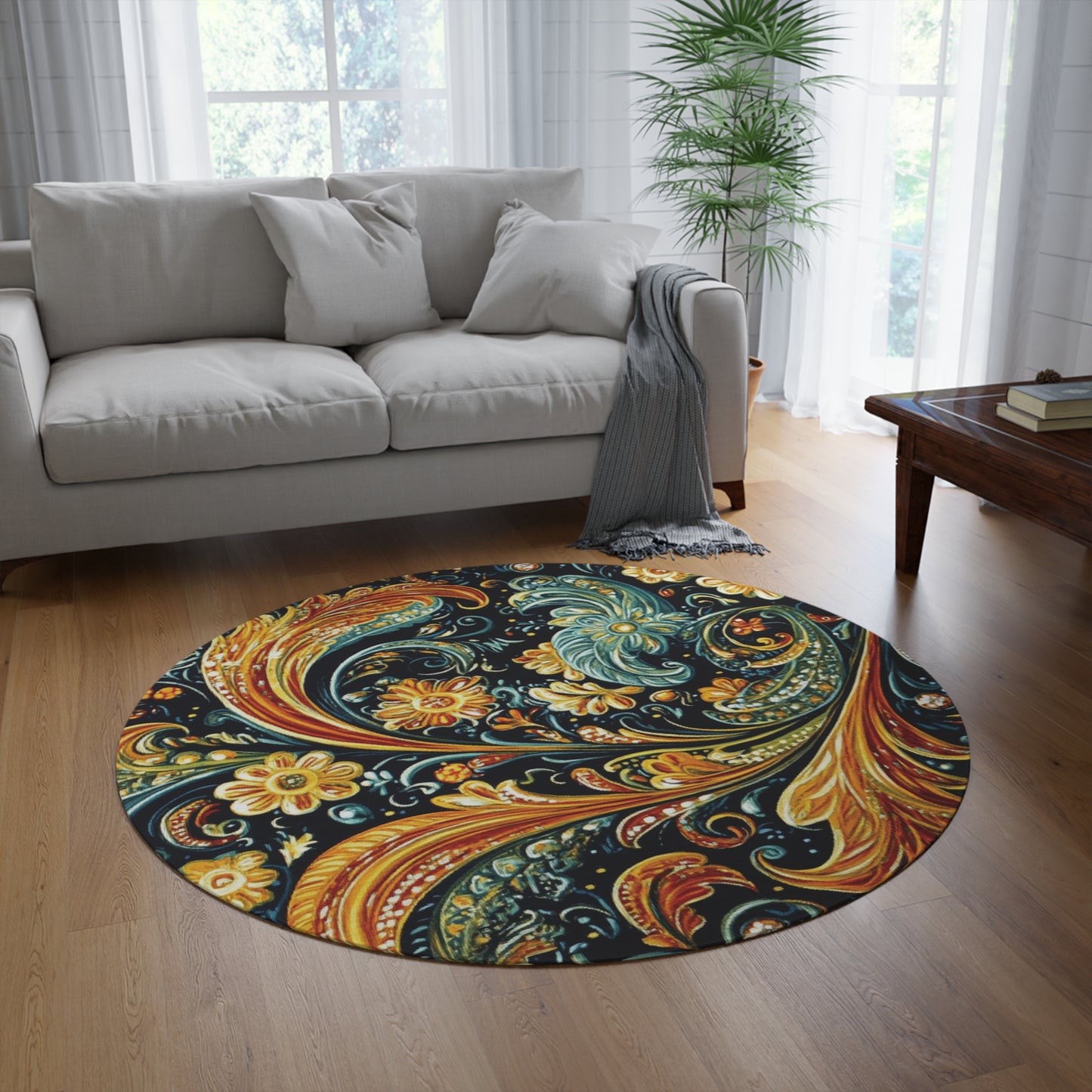 Retro Gustav Klimt Inspired Round Paisley Area Rug, Funky, Colorful & Unique Area Rugs, Unique 60" Round Rug, Woodland Forest Rug