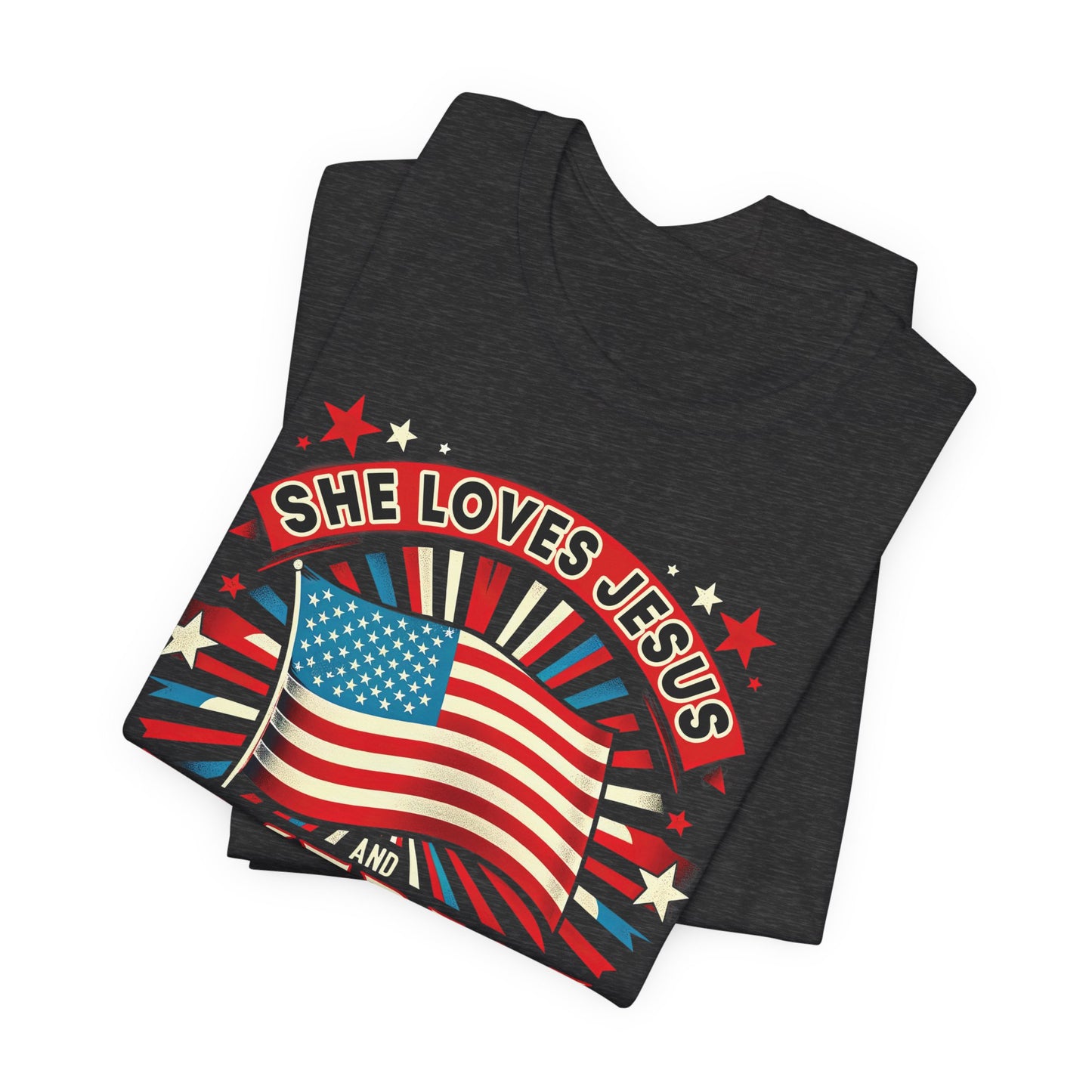 She Loves Jesus and America Too T-Shirt - Unisex Jersey Short Sleeve Tee, Christian Merch, Christian Streetwear, Faith Based Shirt, Jesus Apparel