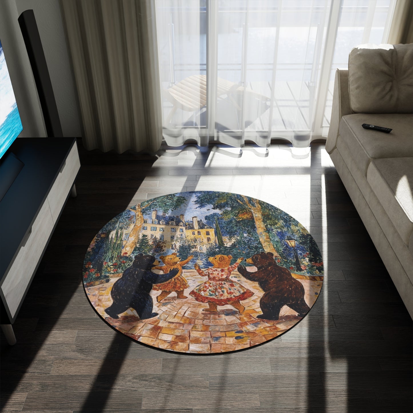 Round Dancing Bears Area Rug, Funky, Colorful & Unique Area Rugs, Unique 60" Round Rug, Woodland Animal Forest Rug, Woodland Nursery Rug