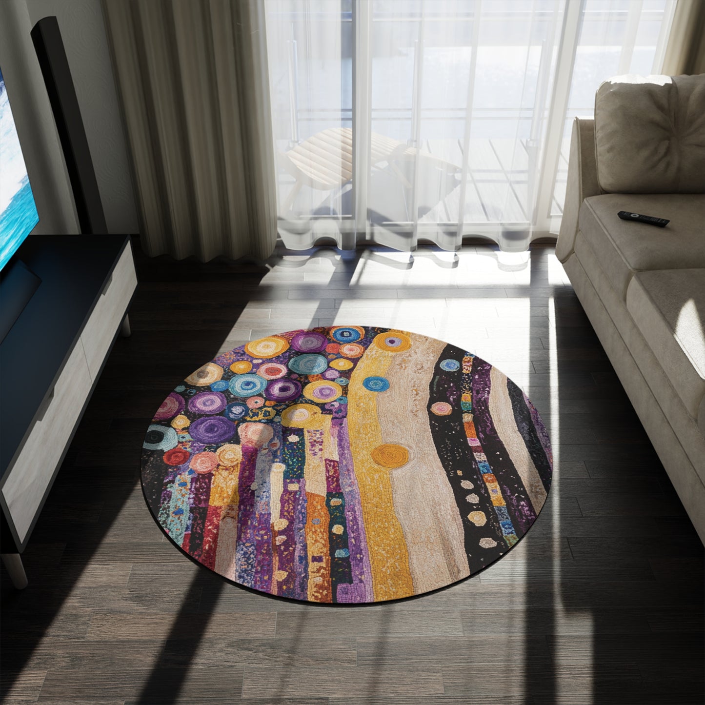 Gustav Klimt Inspired Round Area Rug, Funky, Colorful & Unique Area Rugs, Unique 60" Round Rug, Woodland Forest Rug