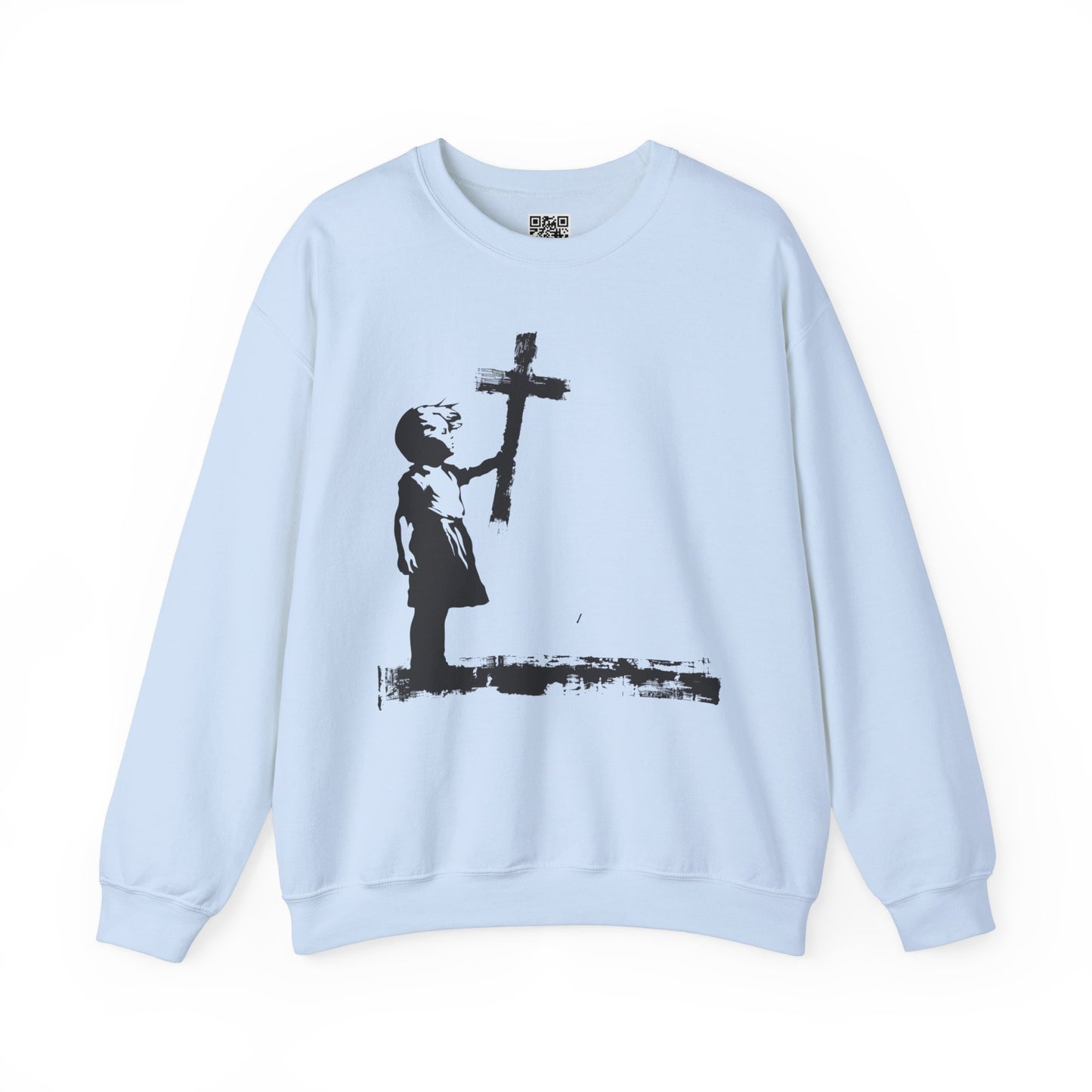 Girl with Cross Unisex Heavy Blend Crewneck Sweatshirt, Christian Merch, Christian Streetwear, Ministry Shirt, Faith Based Shirt, Jesus Apparel