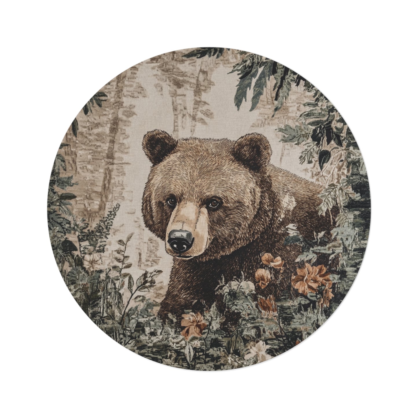 William Morris Inspired Round Bear Area Rug, Funky, Colorful & Unique Area Rugs, Unique 60" Round Rug, Woodland Animal Forest Rug