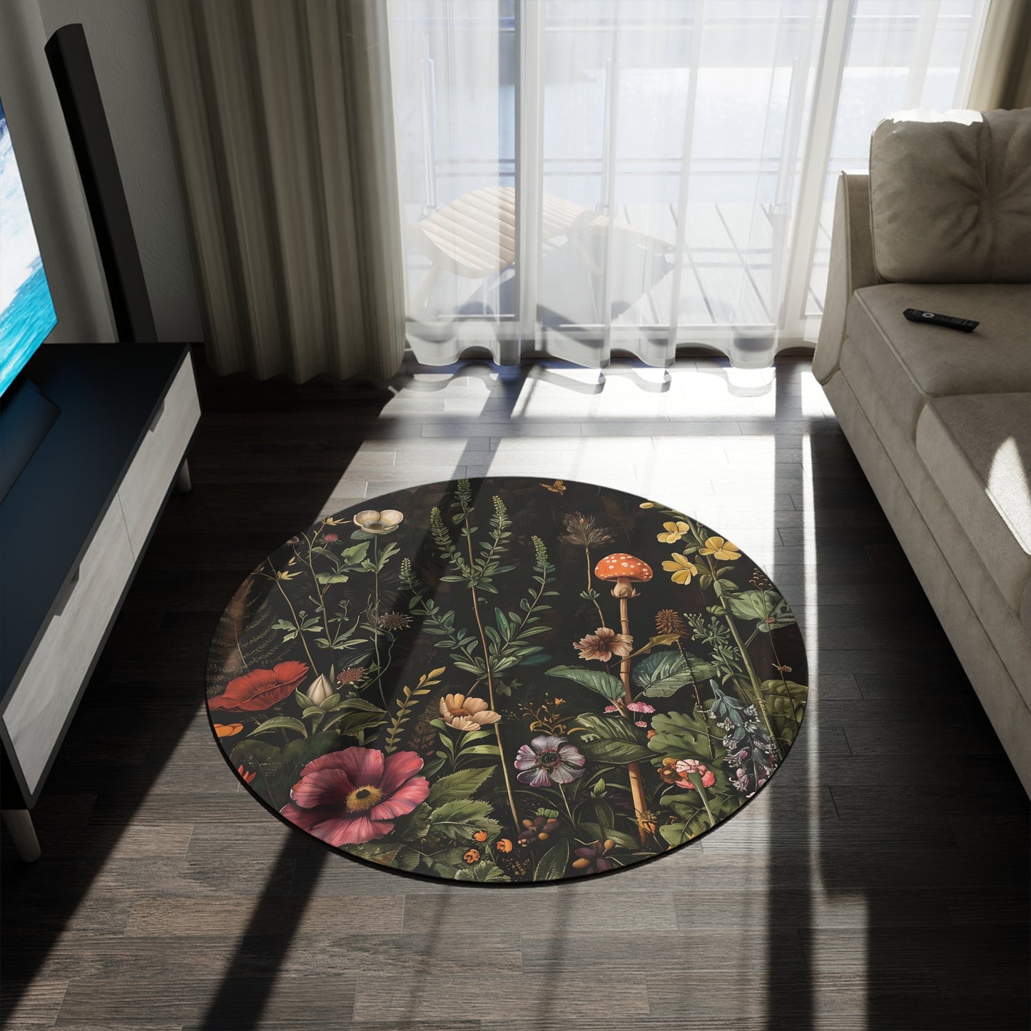 Woodland Floral Botanical Round Area Rug, Funky, Colorful Cool Unique Area Rugs, Unique 60" Round Rug, Custom Print Available