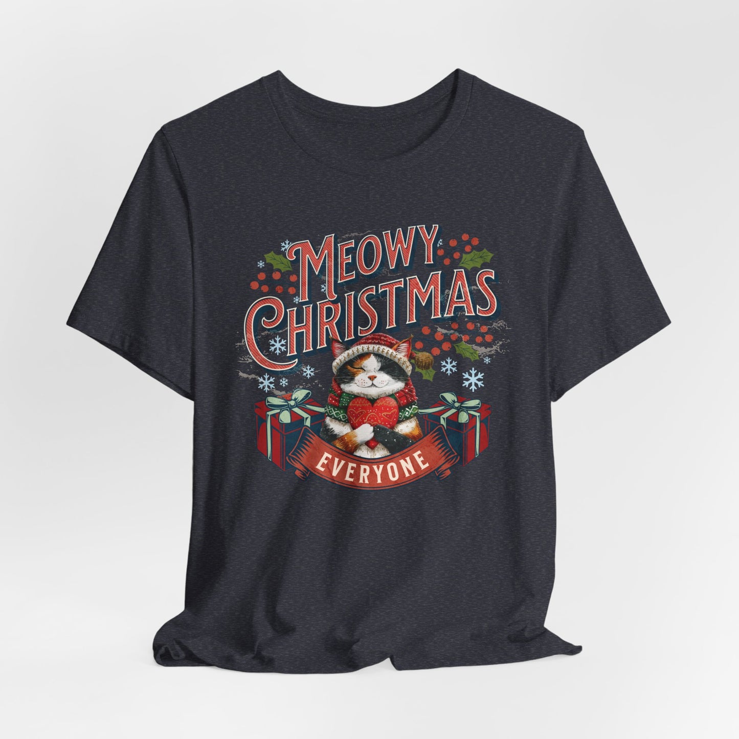 Meowy Christmas Cat Unisex Jersey Short Sleeve Tee, Cat Themed Gifts, Funny Cat Shirt, Calico Cat T-Shirt, Cat Mom Tee, Calico Cat Gifts