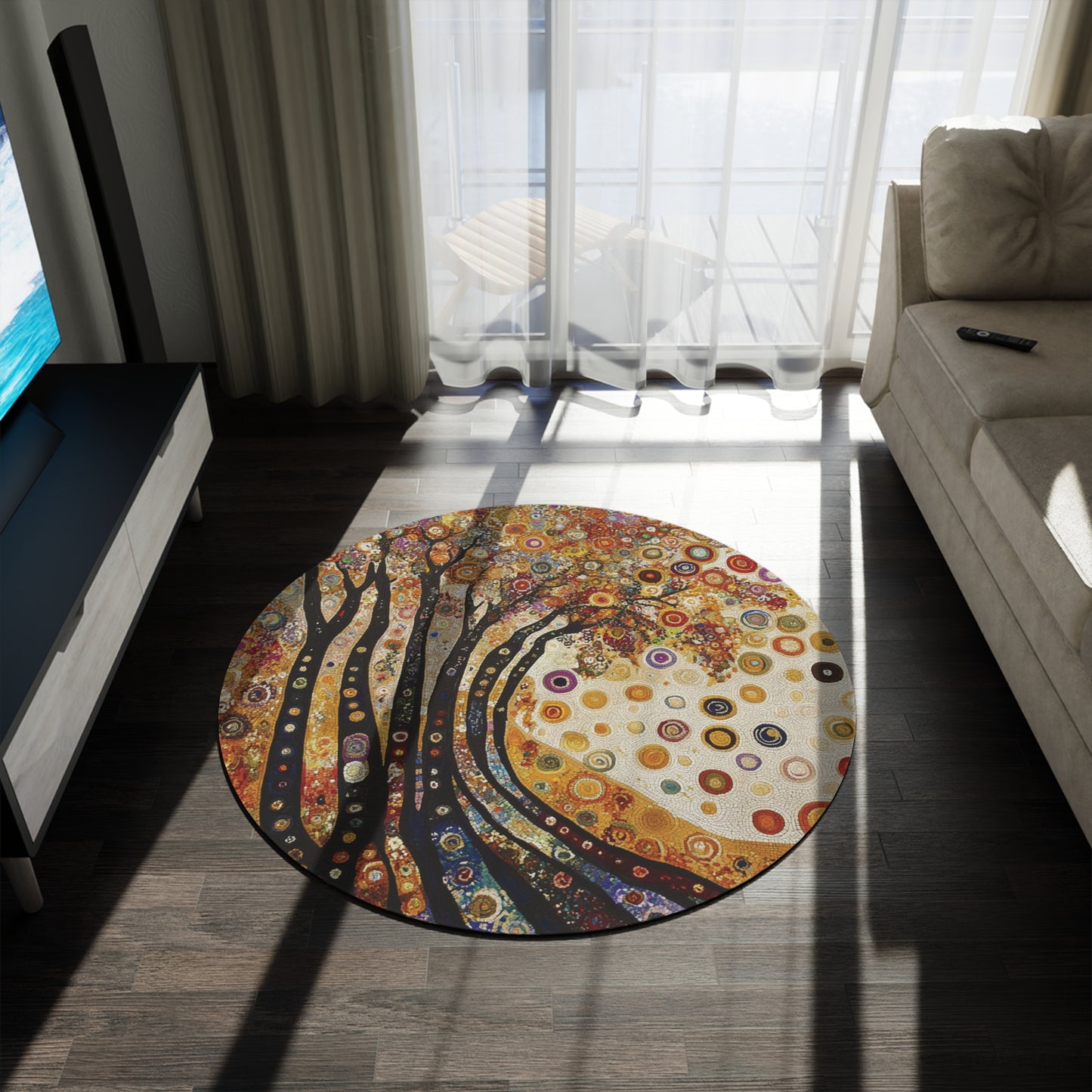 Gustav Klimt Inspired Round Area Rug, Funky, Colorful & Unique Area Rugs, Unique 60" Round Rug, Woodland Forest Rug