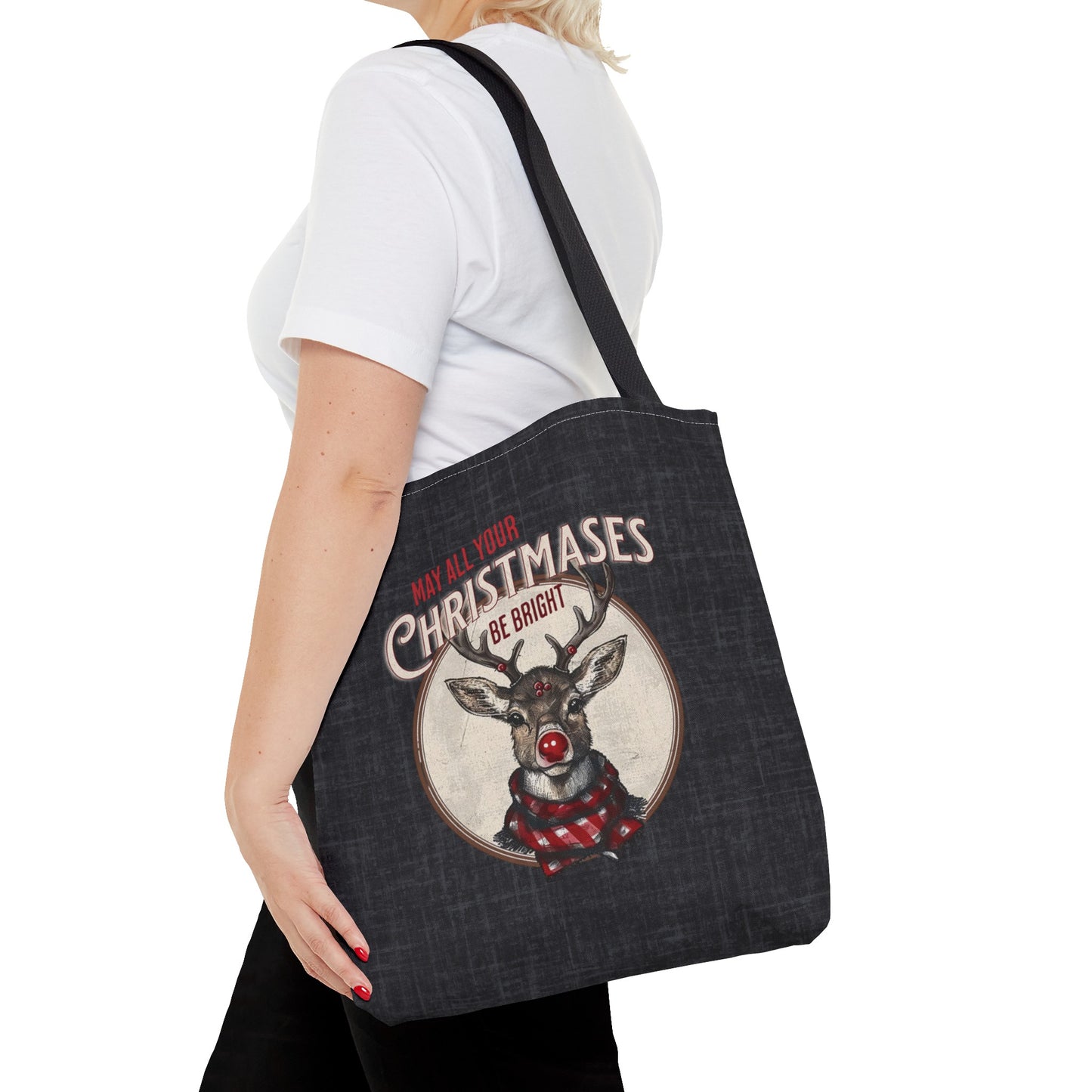 Christmas Reindeer Tote Bag, May all your Christmases be Bright, Travel Bag, Bible Bag, Gift for Christmas Part, Book Bag, Getaway Bag, Secret Santa Gift