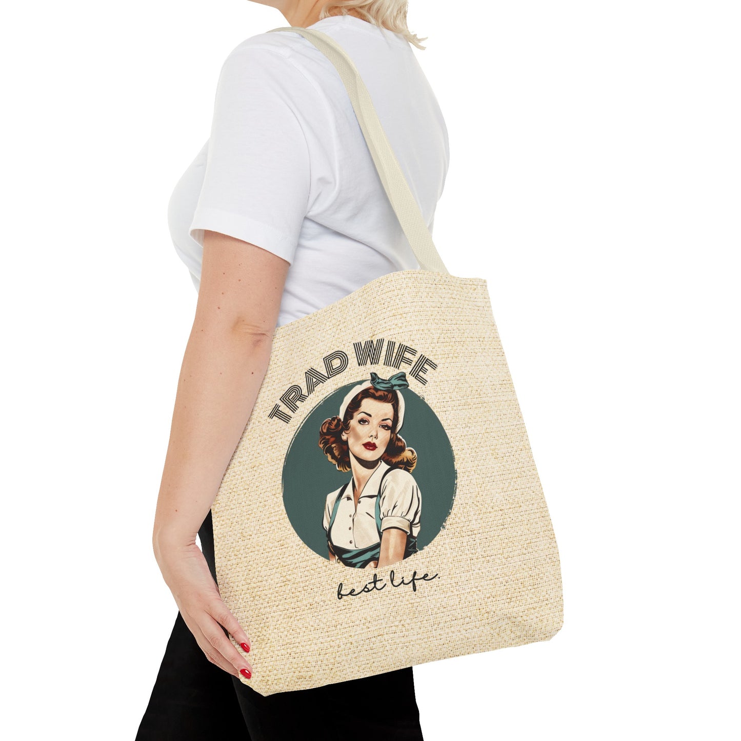 Trad Wife Tote Bag (AOP), Wifey Travel Bag, Wifely Gift, Vintage Housewife Overnight Bag, Trad Wife Accessories, Getaway Bag, Bible Bag, Book Bag, Beach Bag